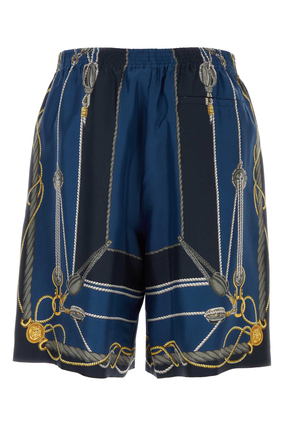 Shop Versace Printed Silk Bermuda Shorts In Bluegold