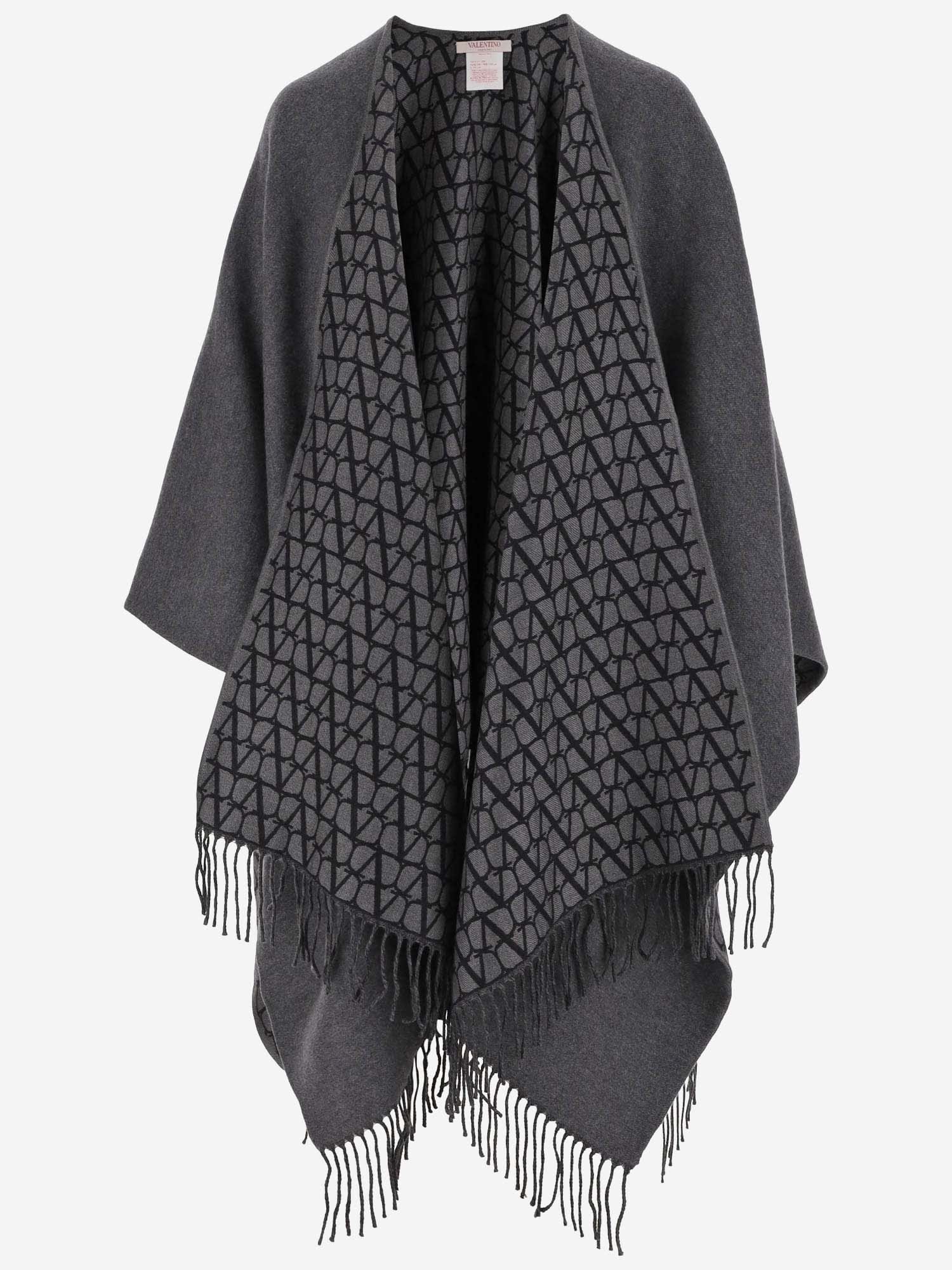 Shop Valentino Wool Blend Iconographe Toile Poncho In Grey