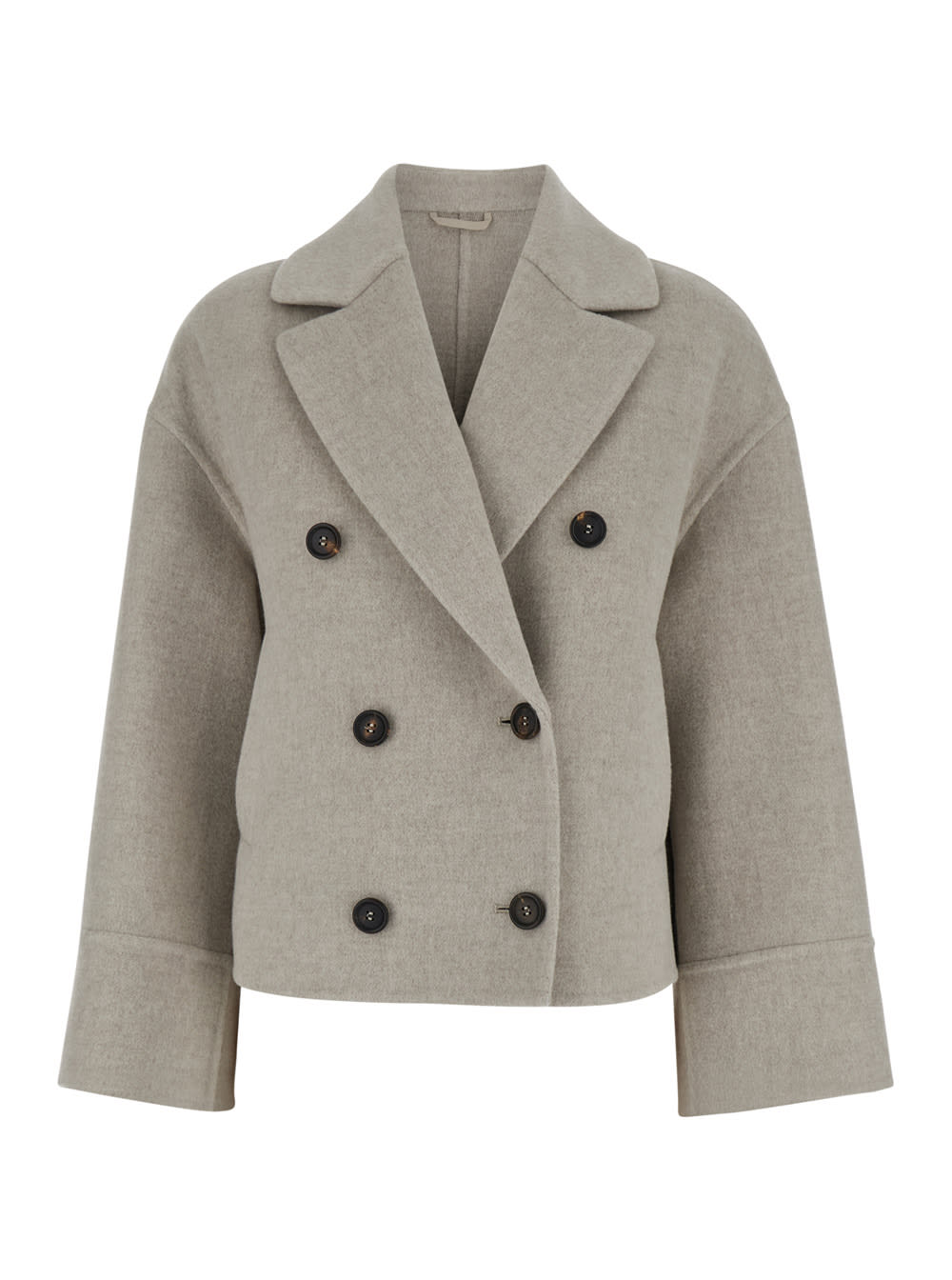 BRUNELLO CUCINELLI BEIGE DOUBLEBREASTED SHORT COAT WITH WIDE REVERS IN WOOL AND CASHMERE WOMAN 