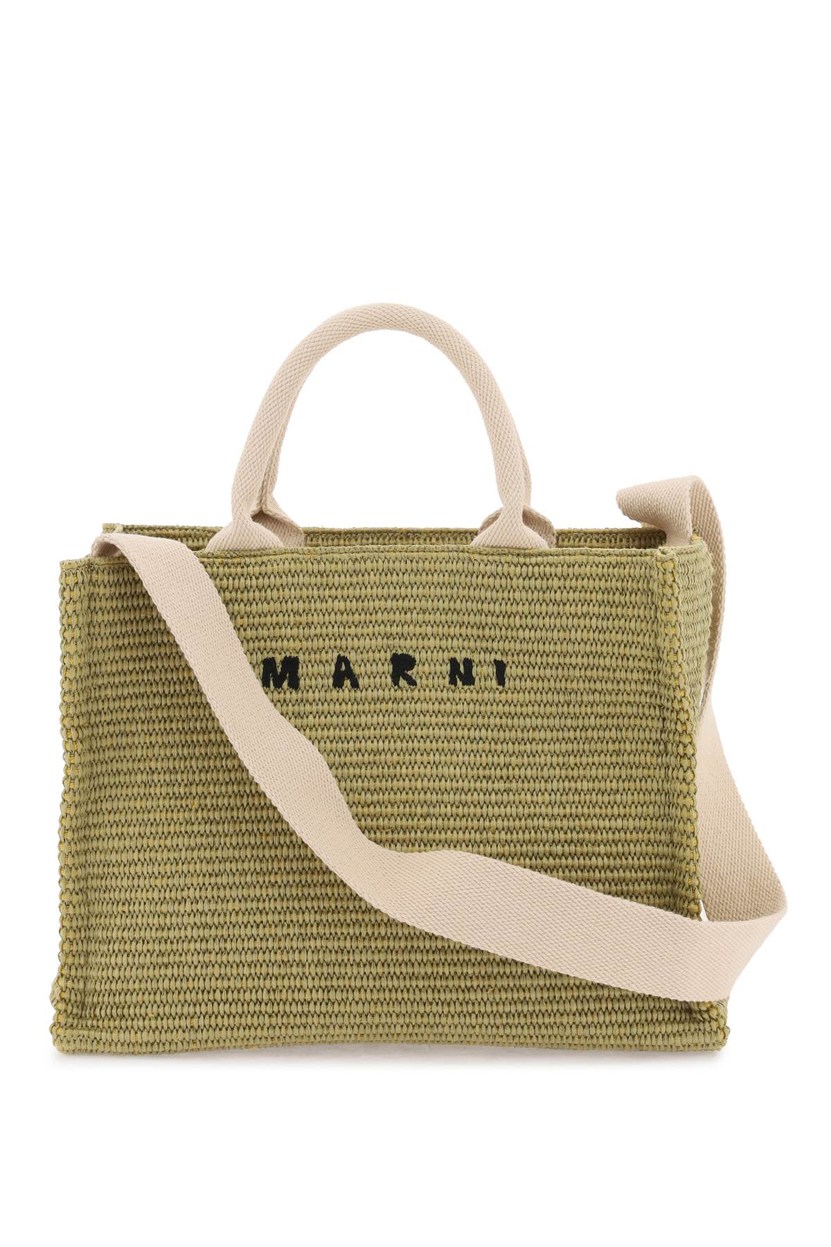 Shop Marni Raffia-effect Canvas Small Tote Bag In Pistacchio Natural (green)