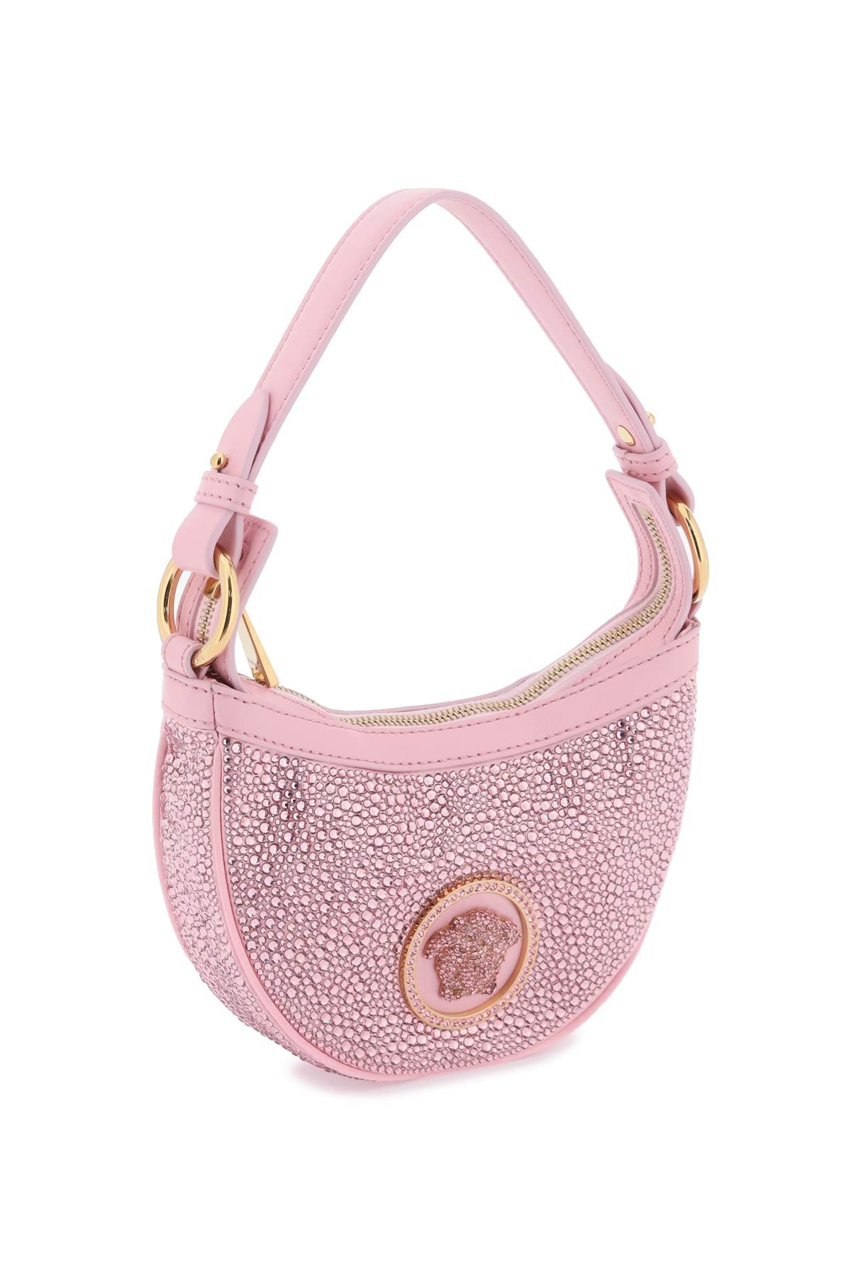 Shop Versace Repeat Mini Hobo Bag With Crystals In Pale Pink  Gold (pink)