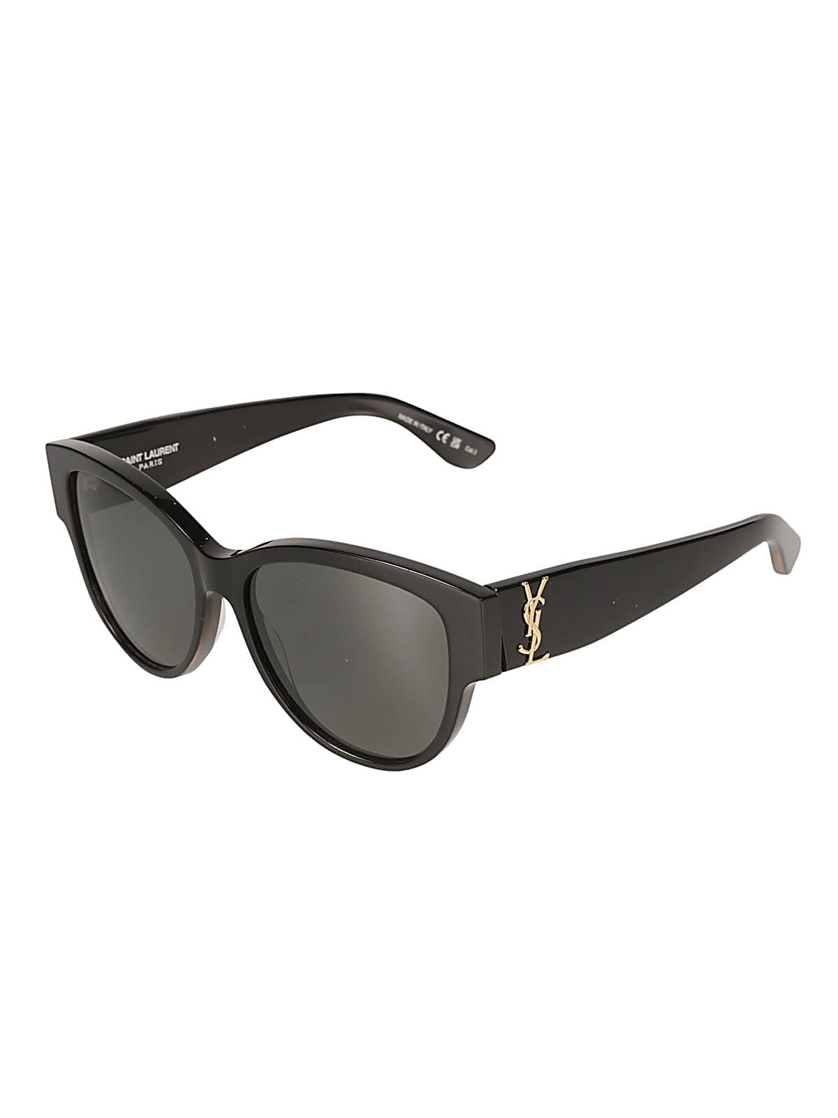 Shop Saint Laurent Ysl Plaque Round Frame Sunglasses In Black/grey