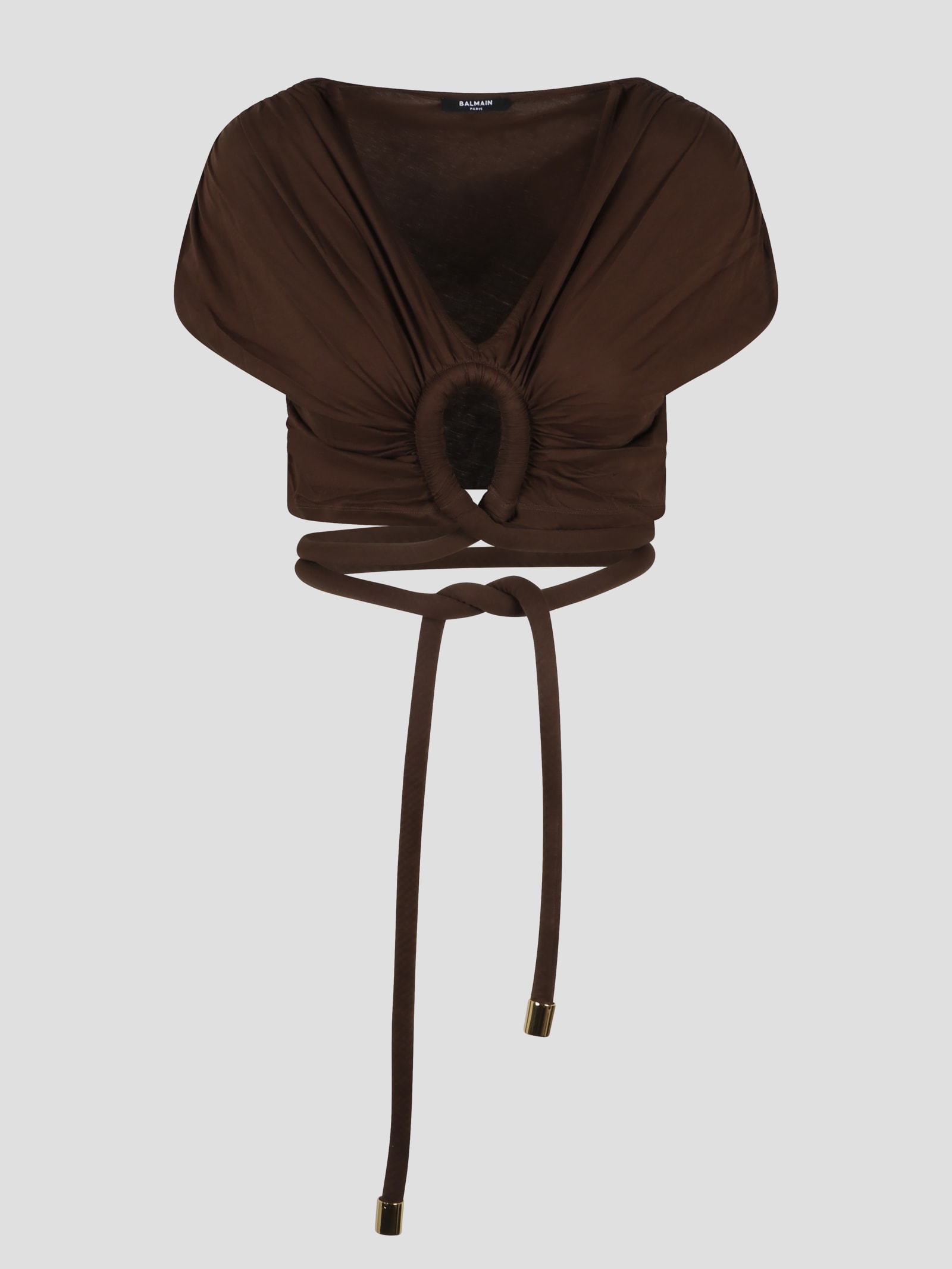 Balmain Cotton Jersey Keyhole Cropped Top In Brown