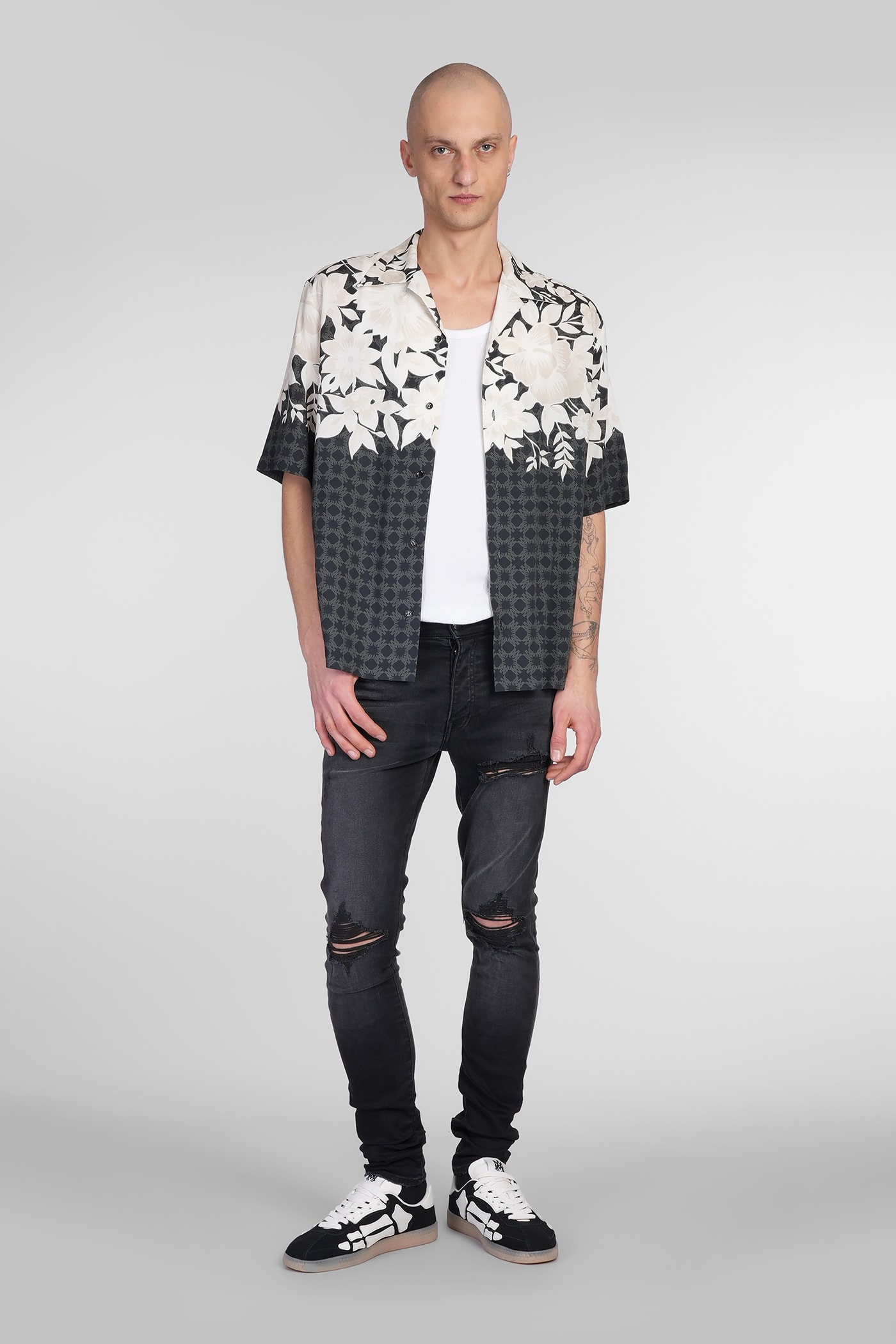 Amiri Garden Black Bowling Shirt With Cuban Collar And All-over Floral Print In Tech Fabric Man In Black