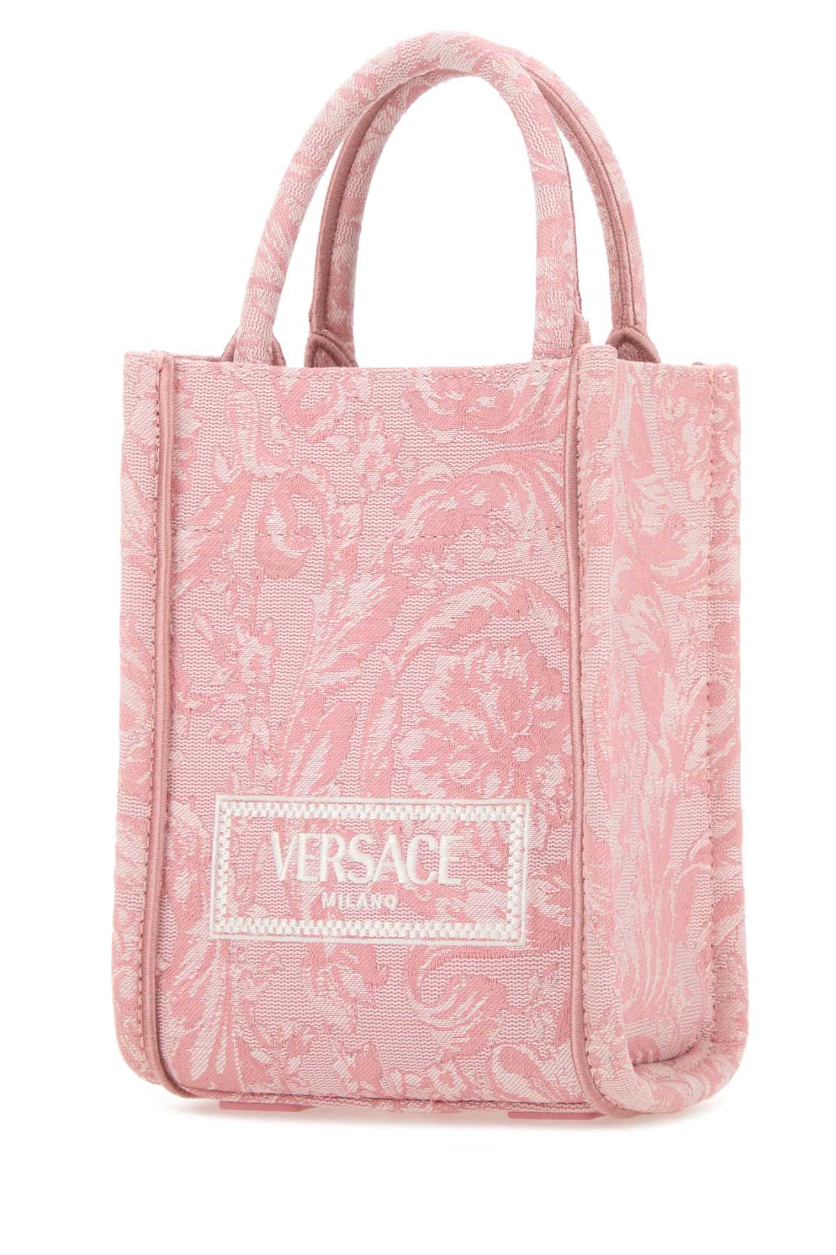 Shop Versace Embroidered Fabric Mini Athena Handbag In Palepinkenglishrosegold