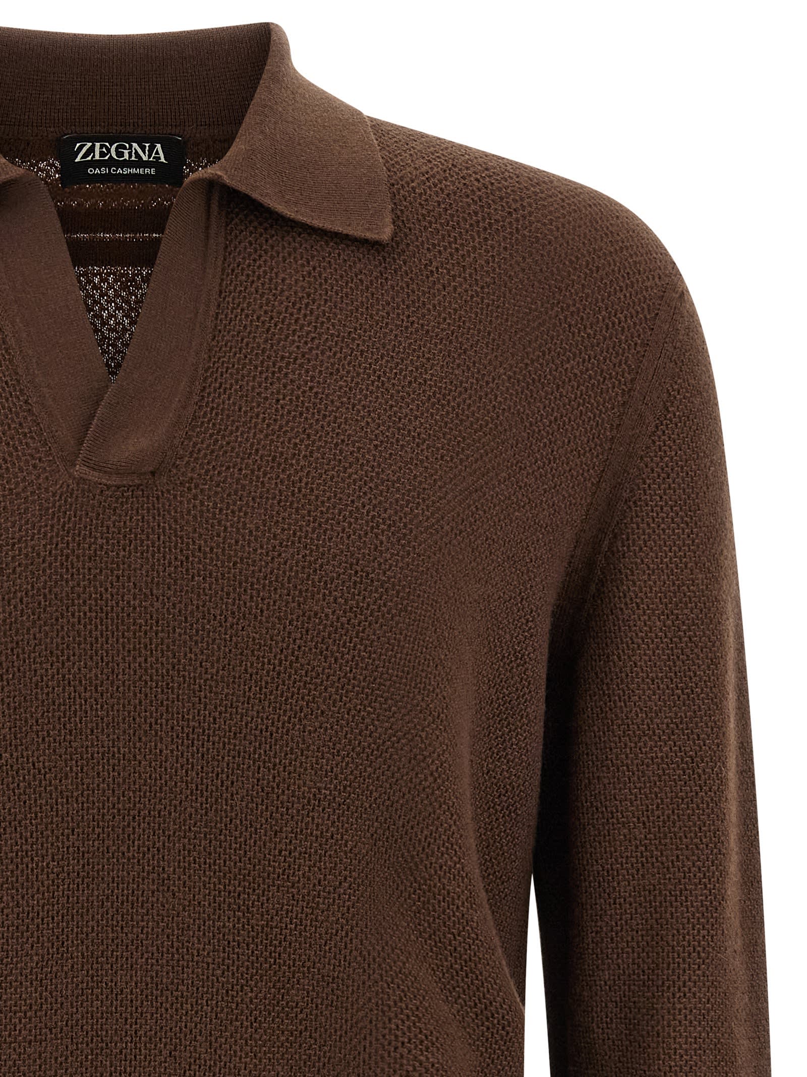 Zegna Cashmere Polo Sweater Textured Knit In Brown