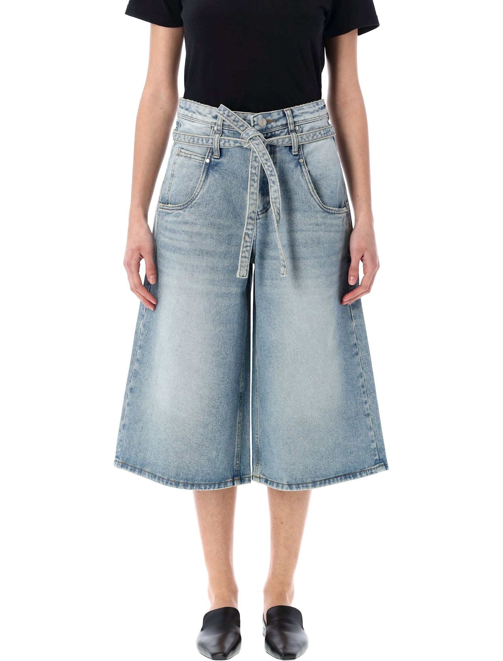 Belted Denim Bermuda Pants