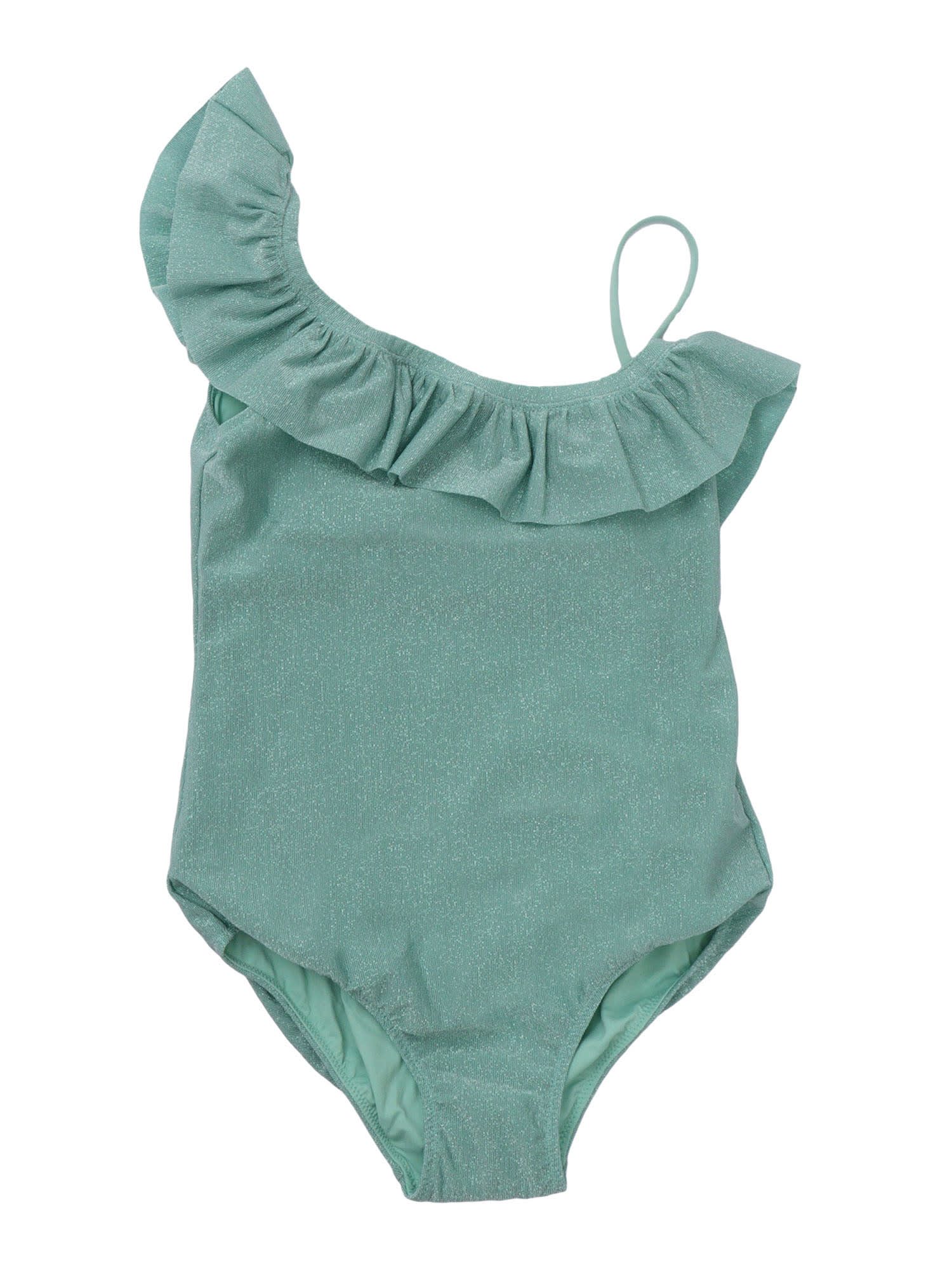 Mc2 Saint Barth Kids' One Shoulder One Piece With Flounce In Green