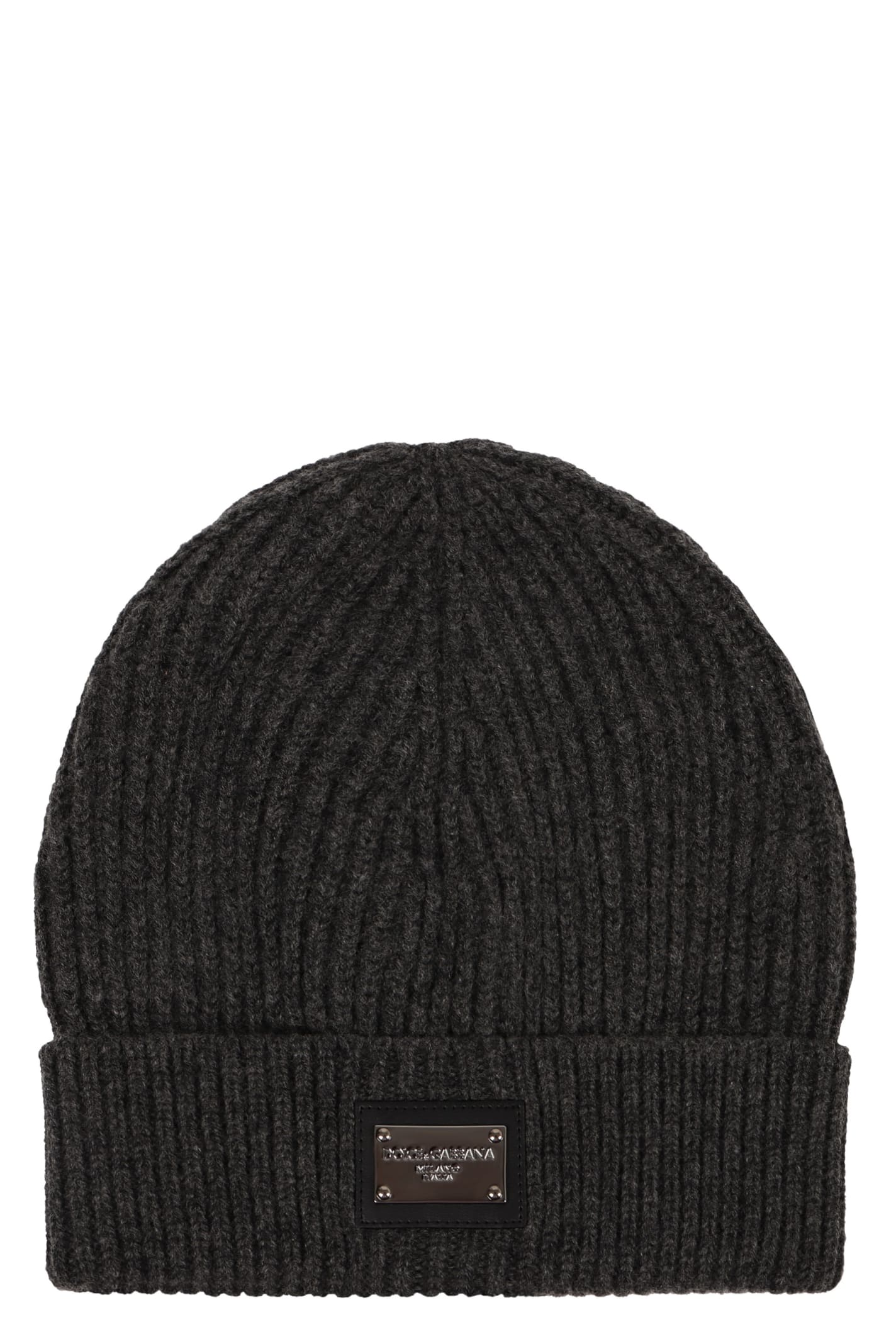 Shop Dolce & Gabbana Ribbed Knit Beanie In Grey