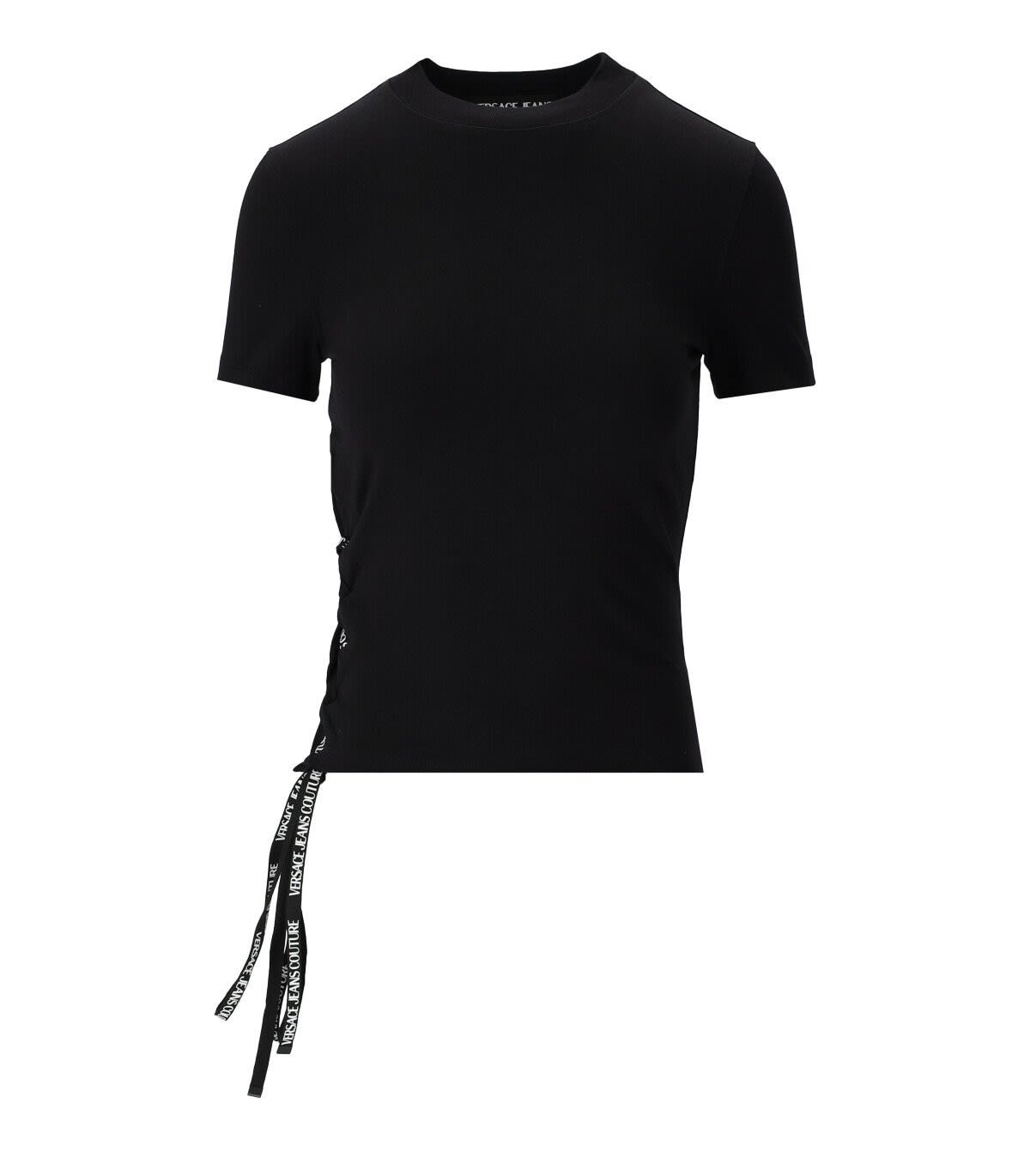 Versace Jeans Couture Black Lace-up T-shirt In Nero