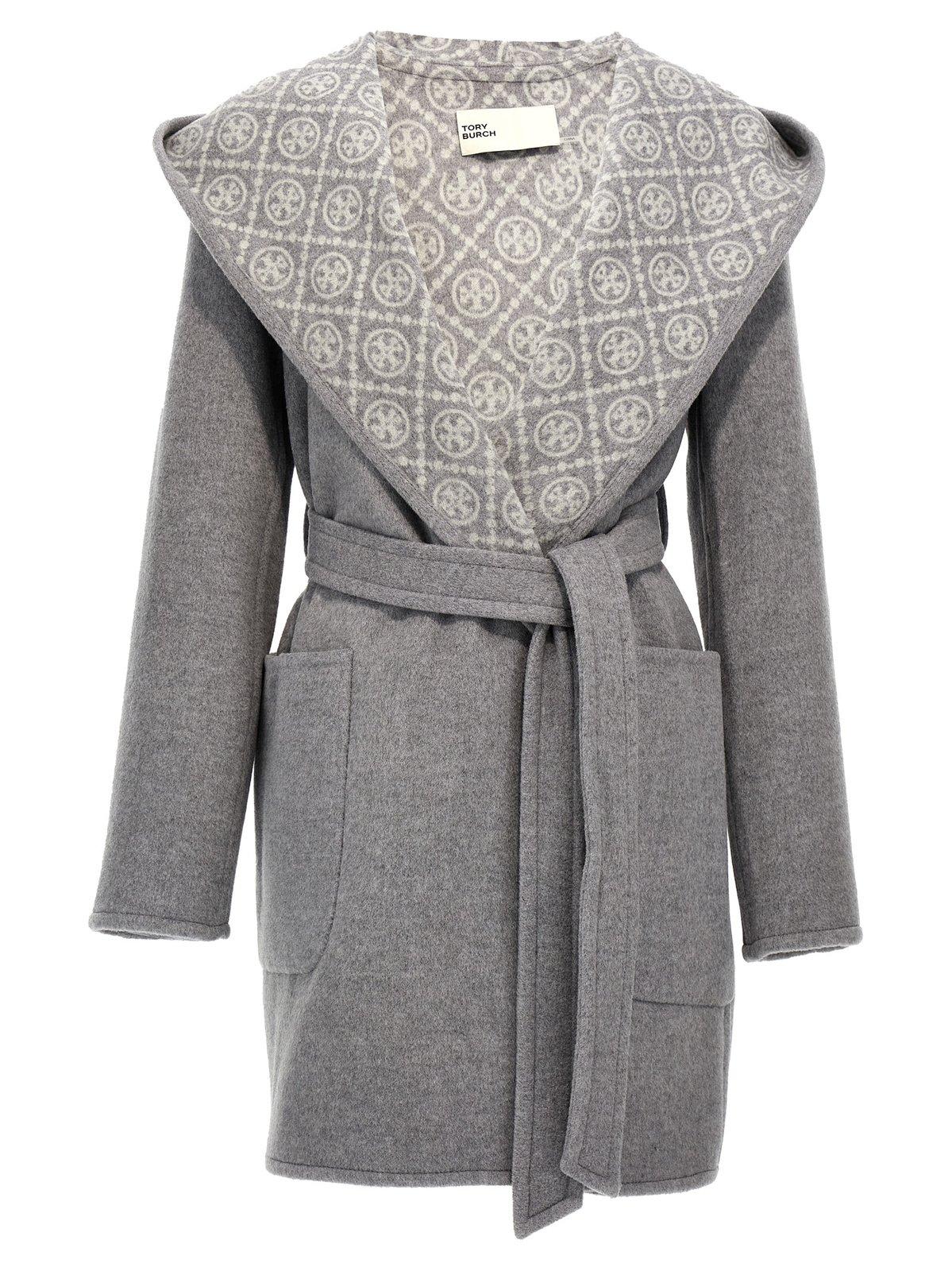 Shop Tory Burch Hooded Tied-waist Coat In Gray