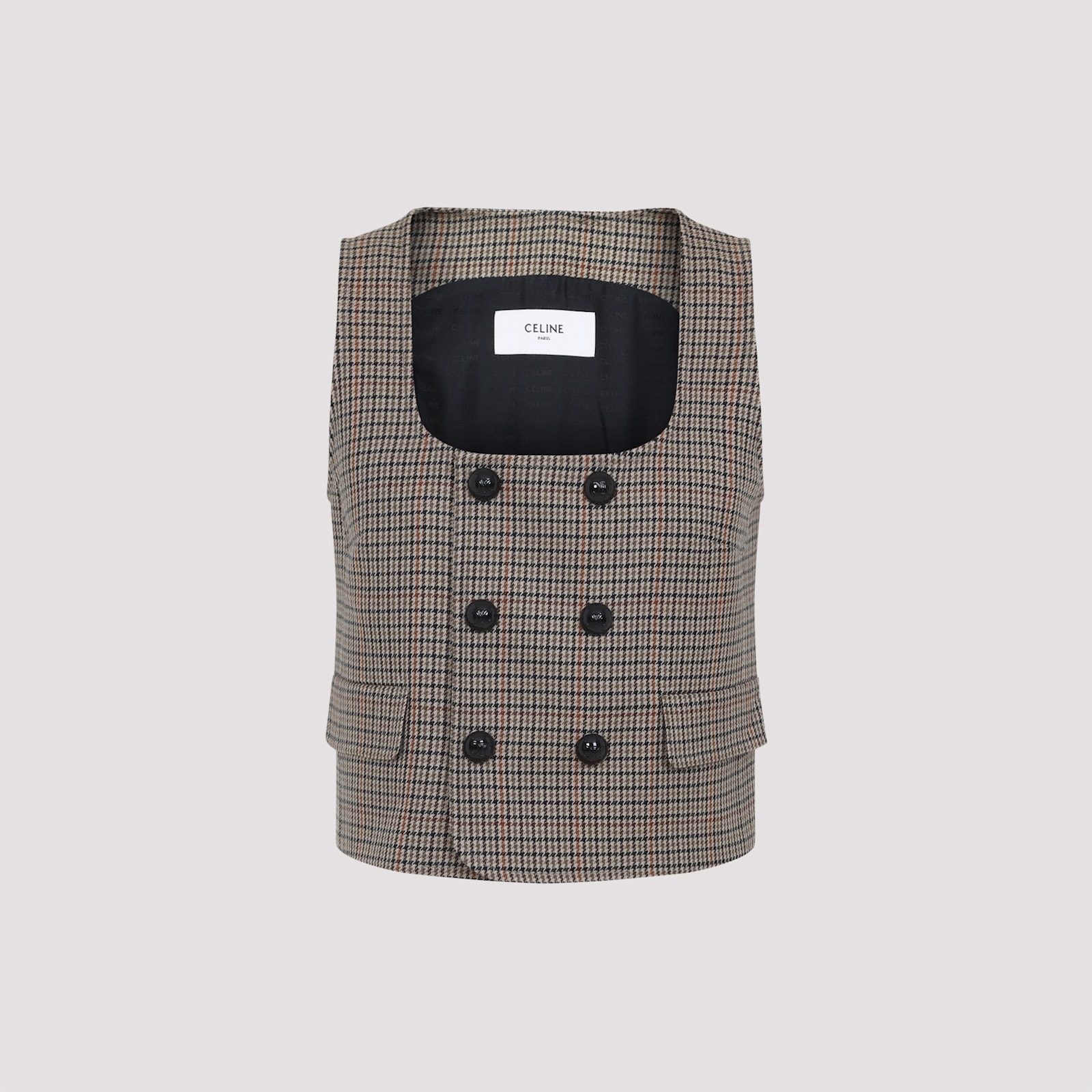 Celine Checked Wool Double-breasted Sleeveless Jacket In Gray