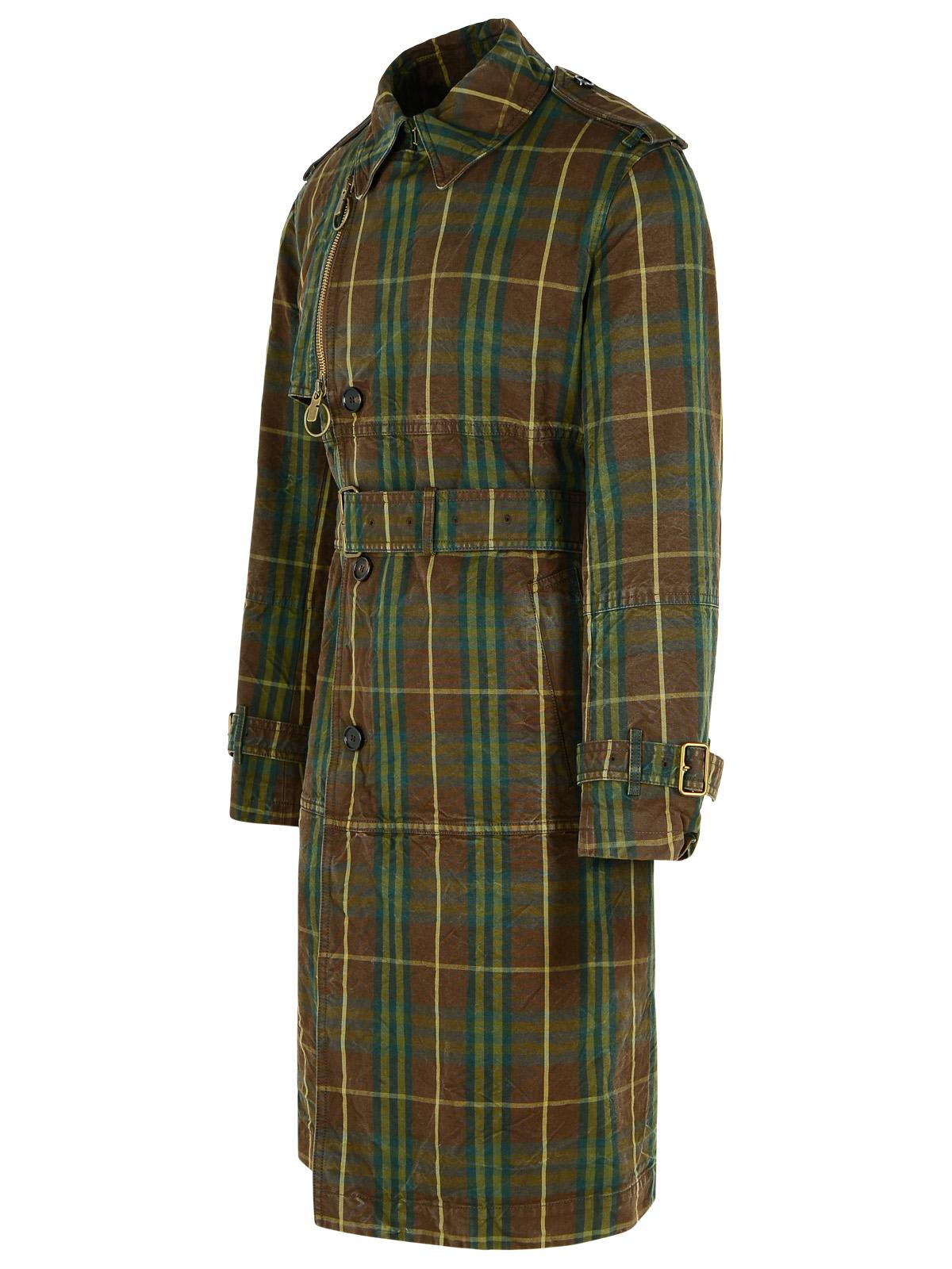 Shop Burberry Check Dark Green Cotton Trench Coat