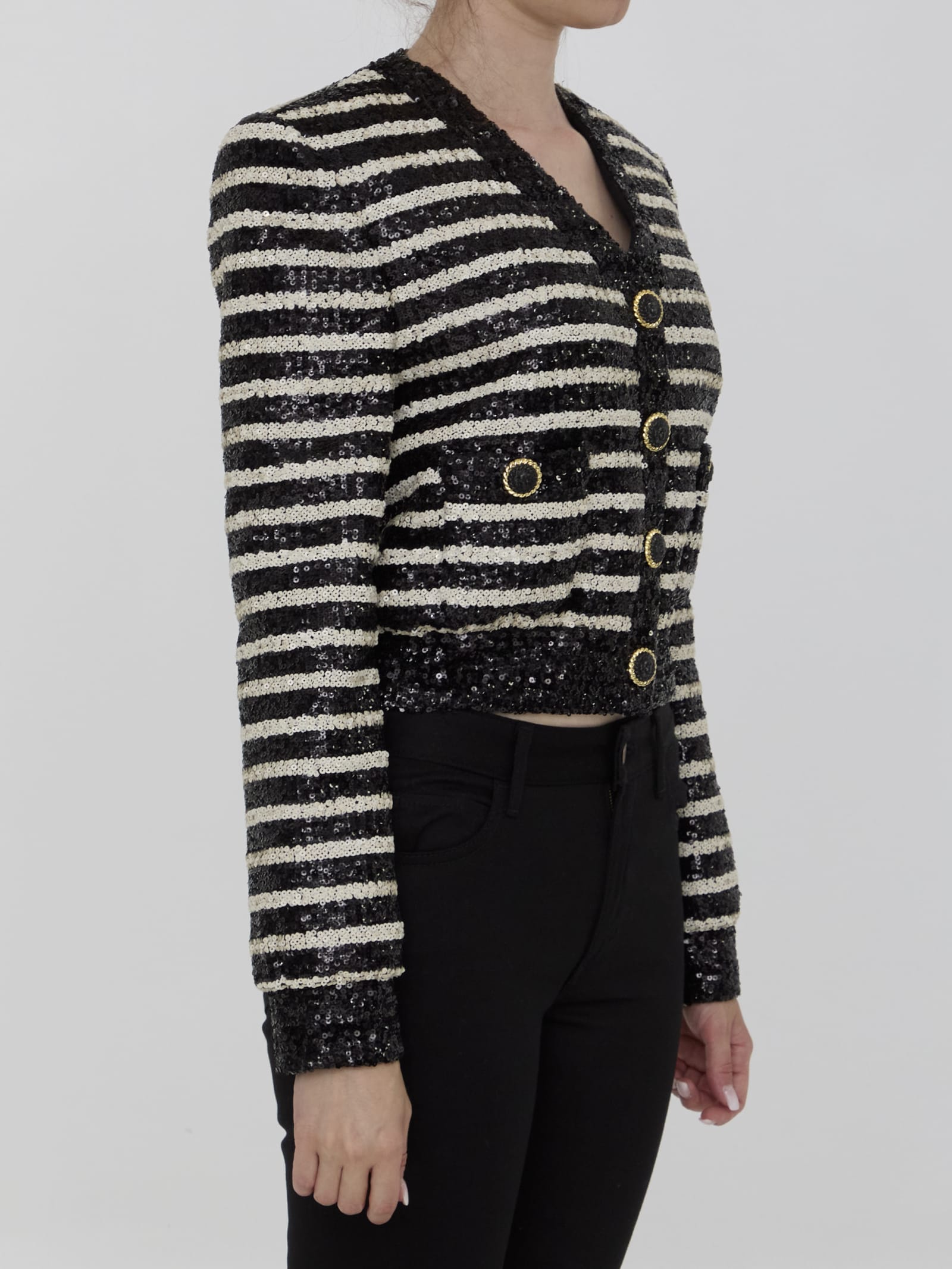 Shop Balmain Sequined Cropped Jacket In Black