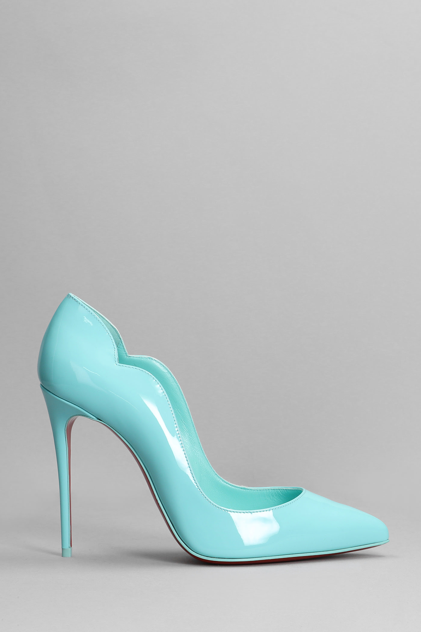 CHRISTIAN LOUBOUTIN HOT CHICK 100 PUMPS IN CYAN PATENT LEATHER