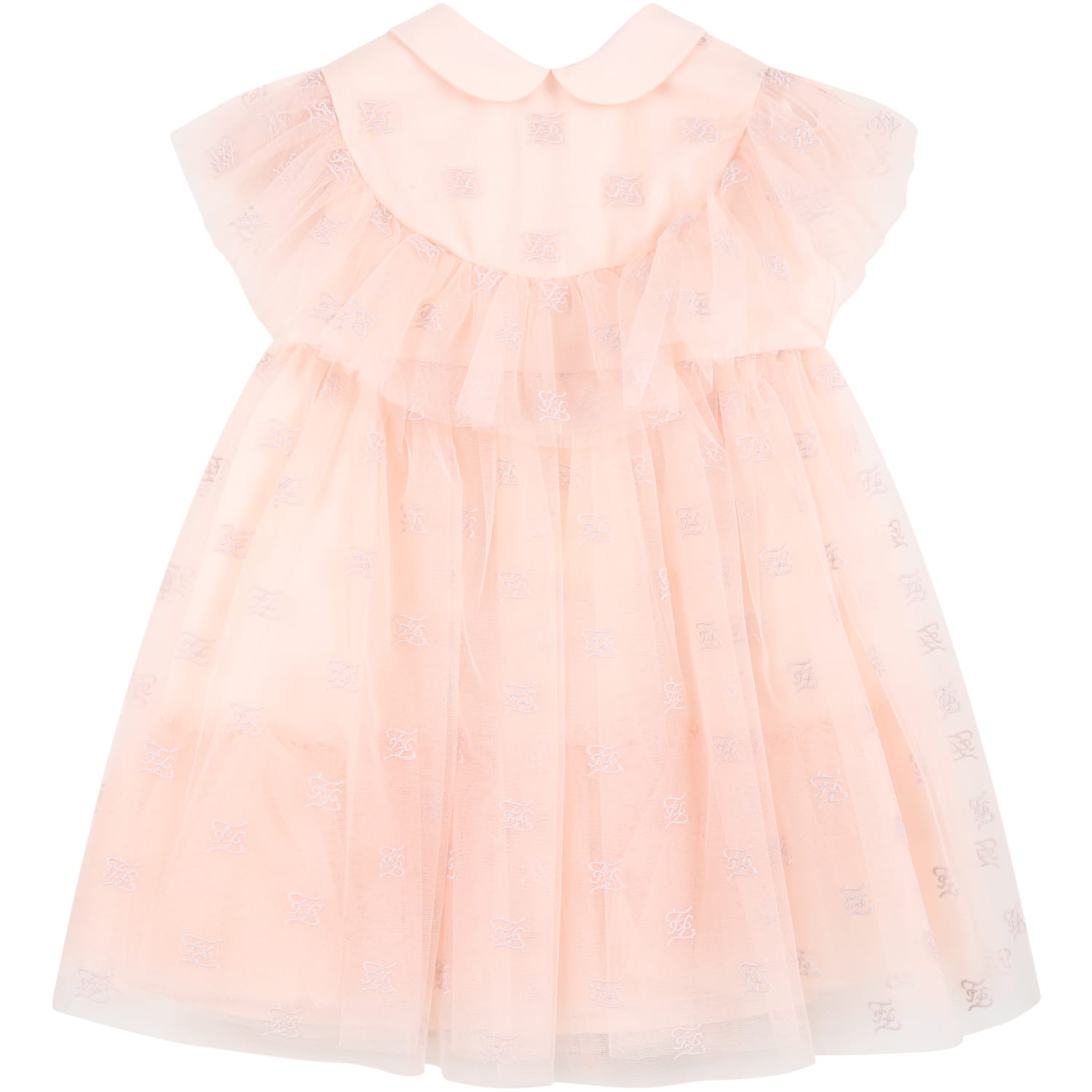Fendi Pink Dress For Baby Girl With Embroidered Logo