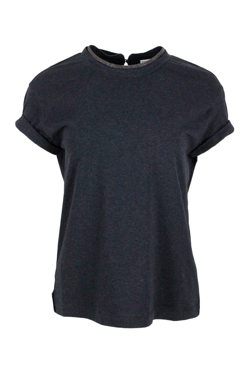 Brunello Cucinelli Short-sleeved T-shirt In Elasticized Stretch Cotton With A Crew Neck Edged With Jewels