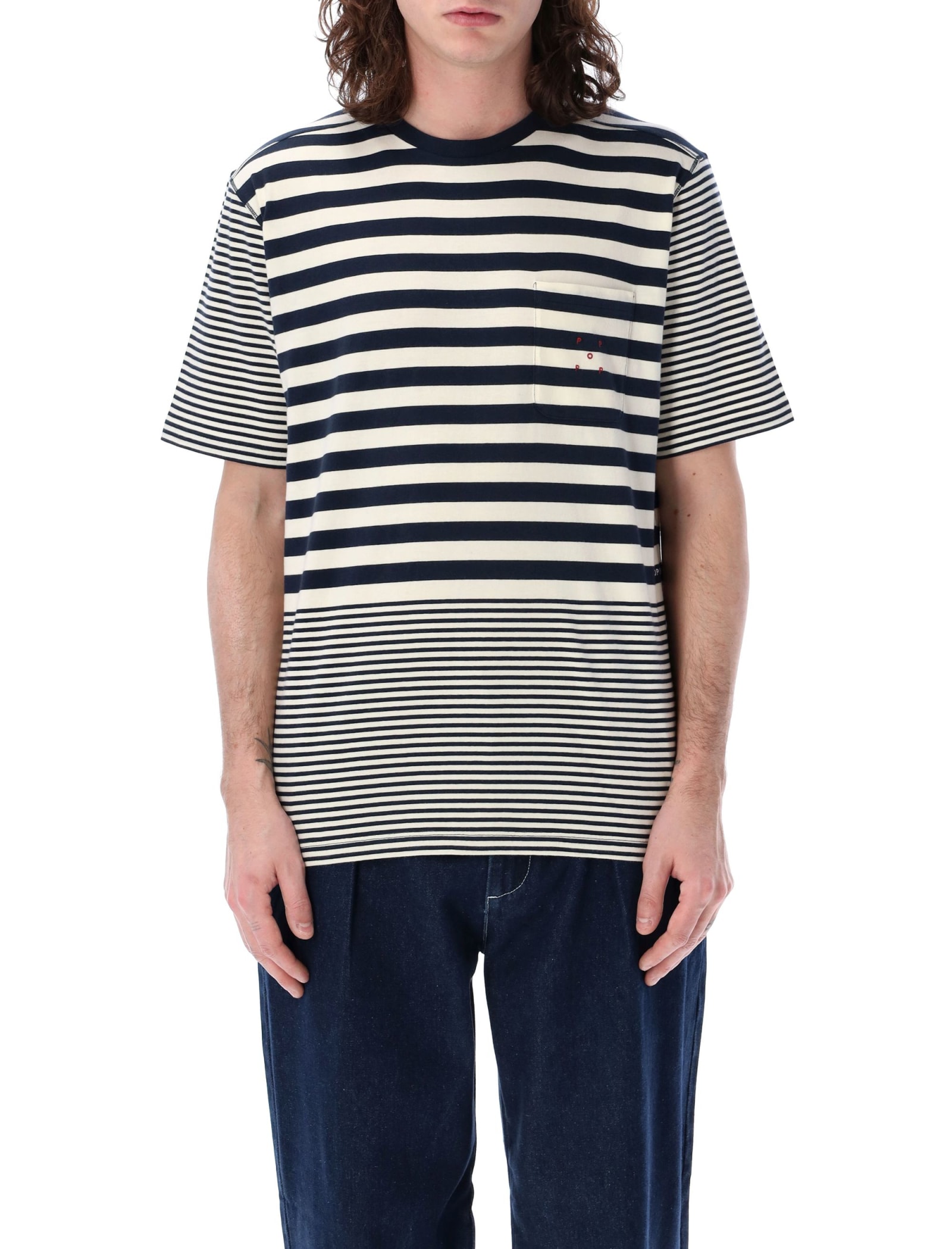 Pop Trading Company Stripes Tee In Navy Off White