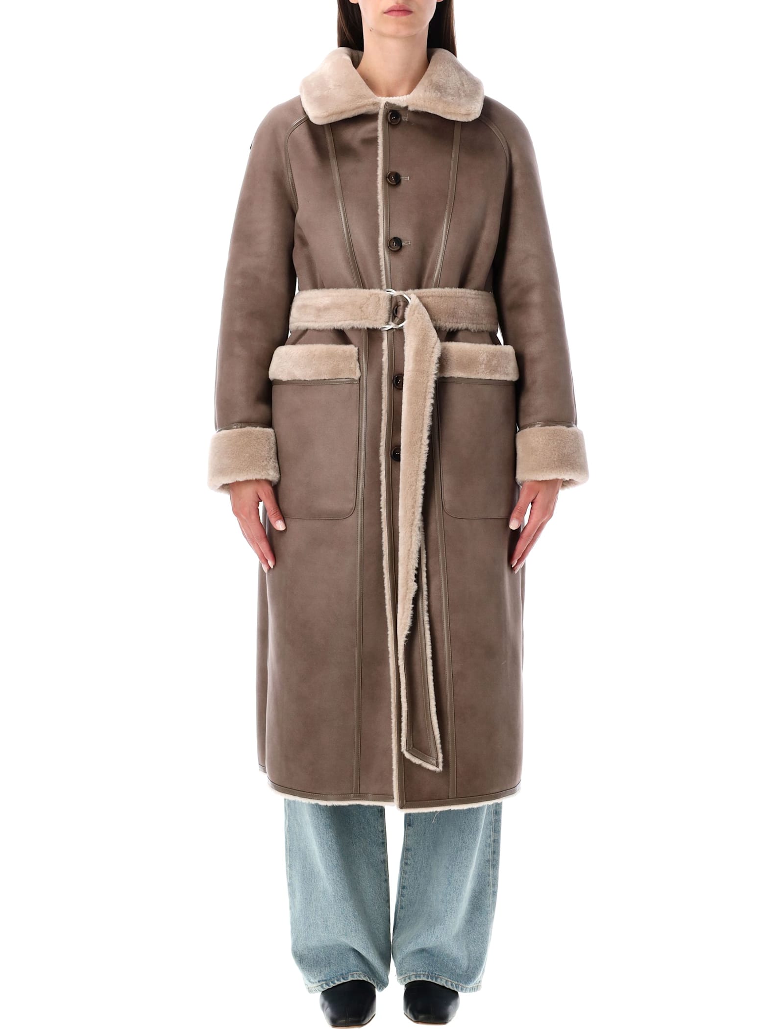 Urbancode Beige Shearling Coat With Classic Collar And Waist Belt In Faux Fur Woman In Brown