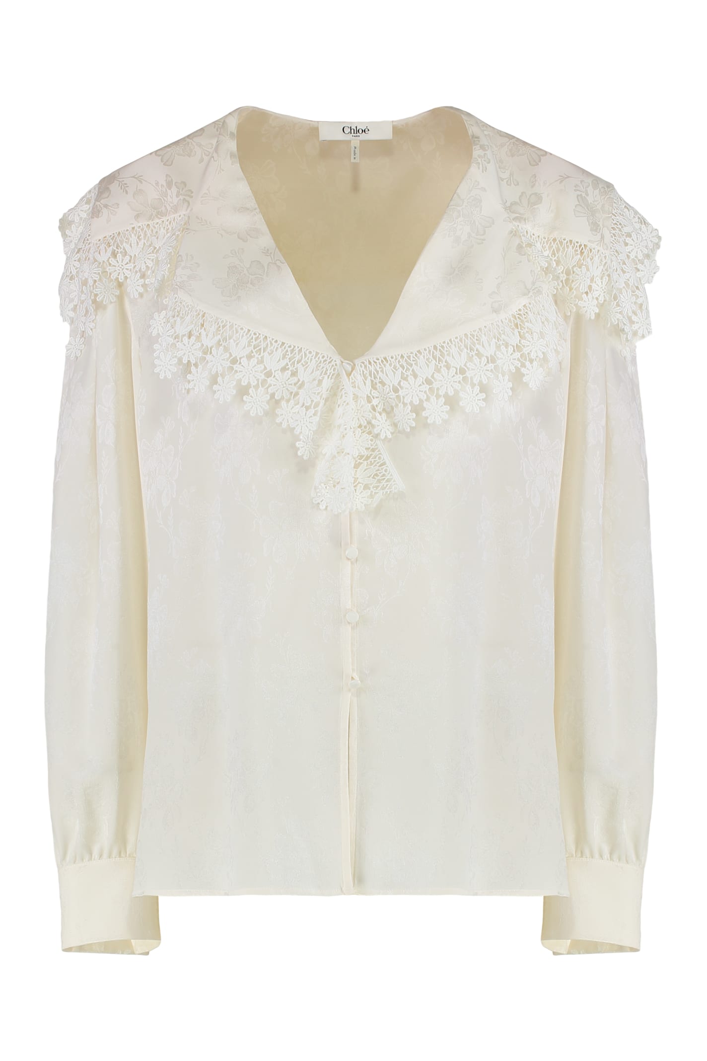 Chloé Blouse With A Maxi Collar In Silk Jacquard And Lace In White