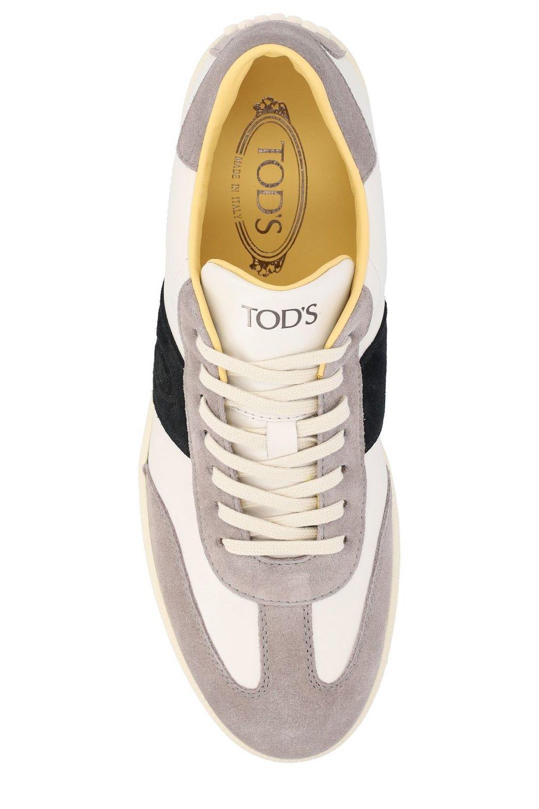Tod's Color-blocked Leather Sneakers With Signature Gommino Sole In Bianco Nero Grigio
