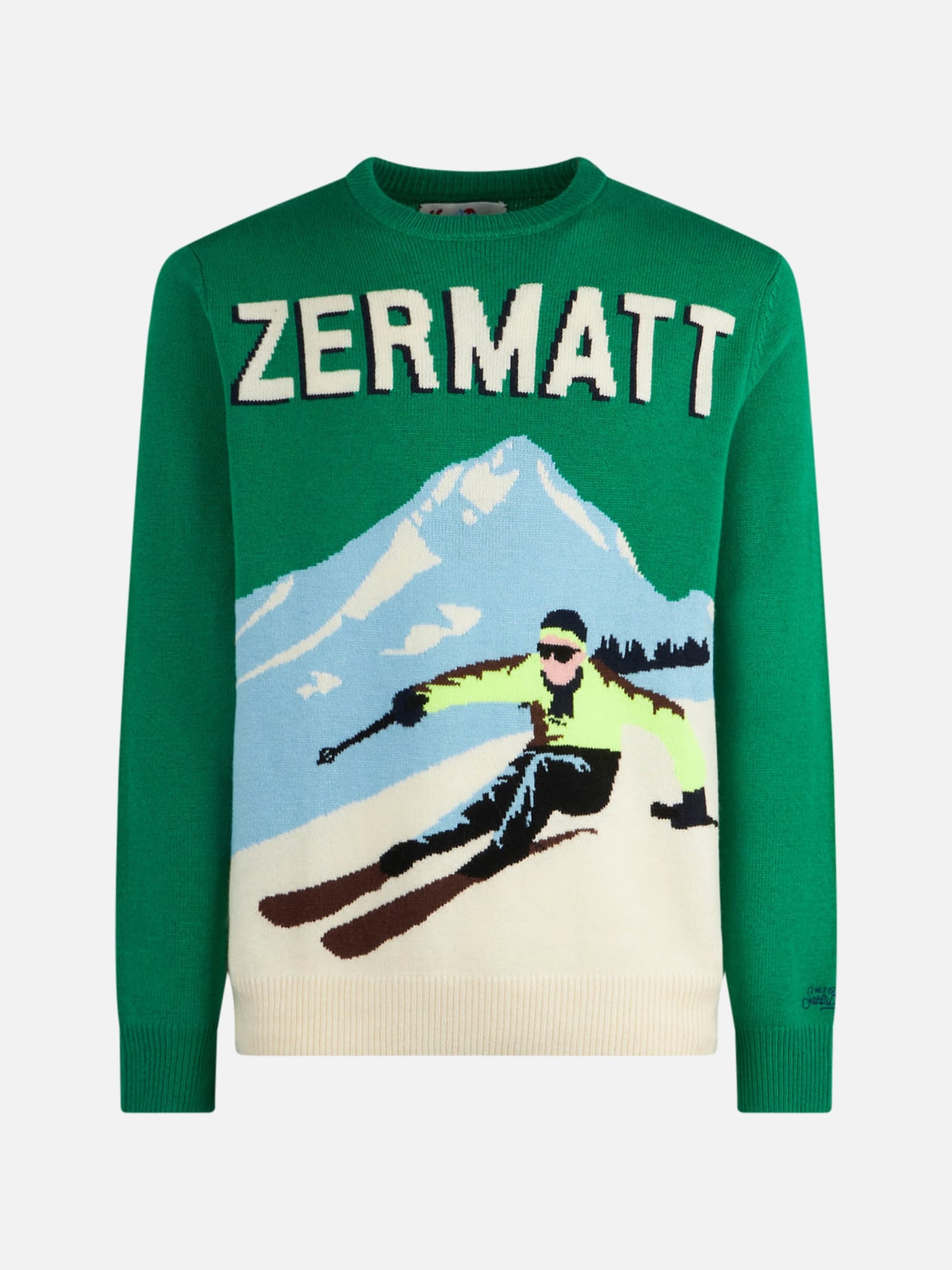 Shop Mc2 Saint Barth Man Crewneck Sweater With Zermatt Postcard Jacquard Print In Green