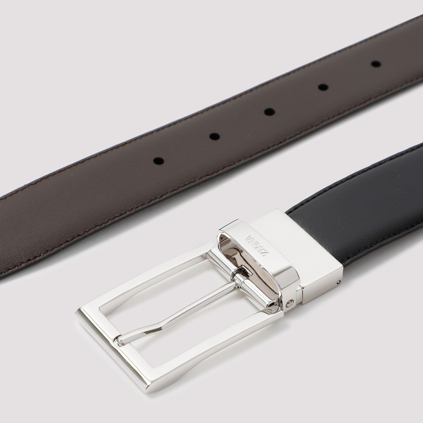 Zegna Reversible Leather Belt With Hand-buffed Finish And Sleek Silver-tone Buckle In Brown