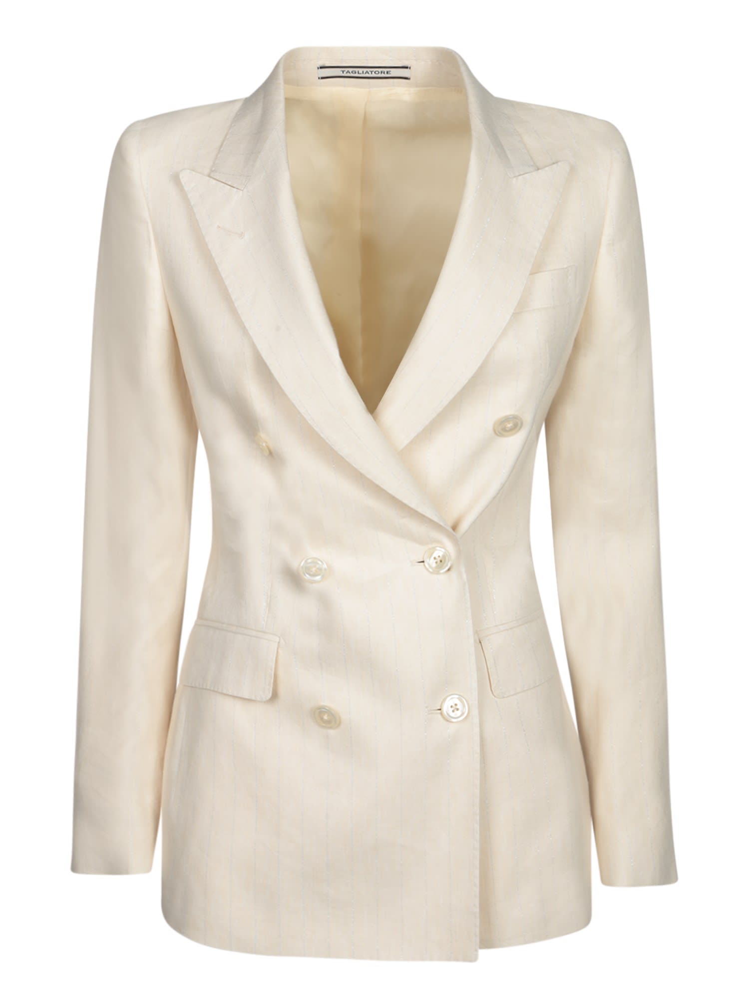 Tagliatore Striped Cotton Double-breasted Jacket With Tone-on-tone Buttons In Beige