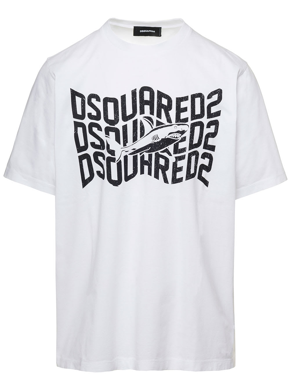 Shop Dsquared2 White T-shirt With Shark And Logo Print In Cotton Man