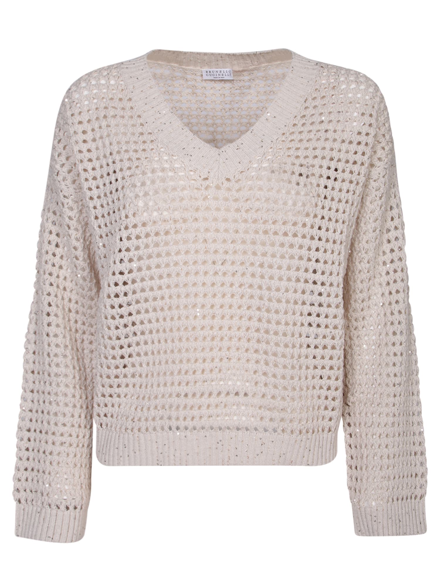 Shop Brunello Cucinelli V-neck Beige Sweater In White