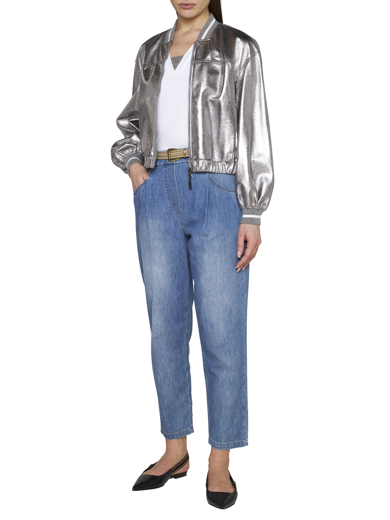 Brunello Cucinelli Laminated Leather Bomber Jacket Puffer Jackets Silver In Metallic