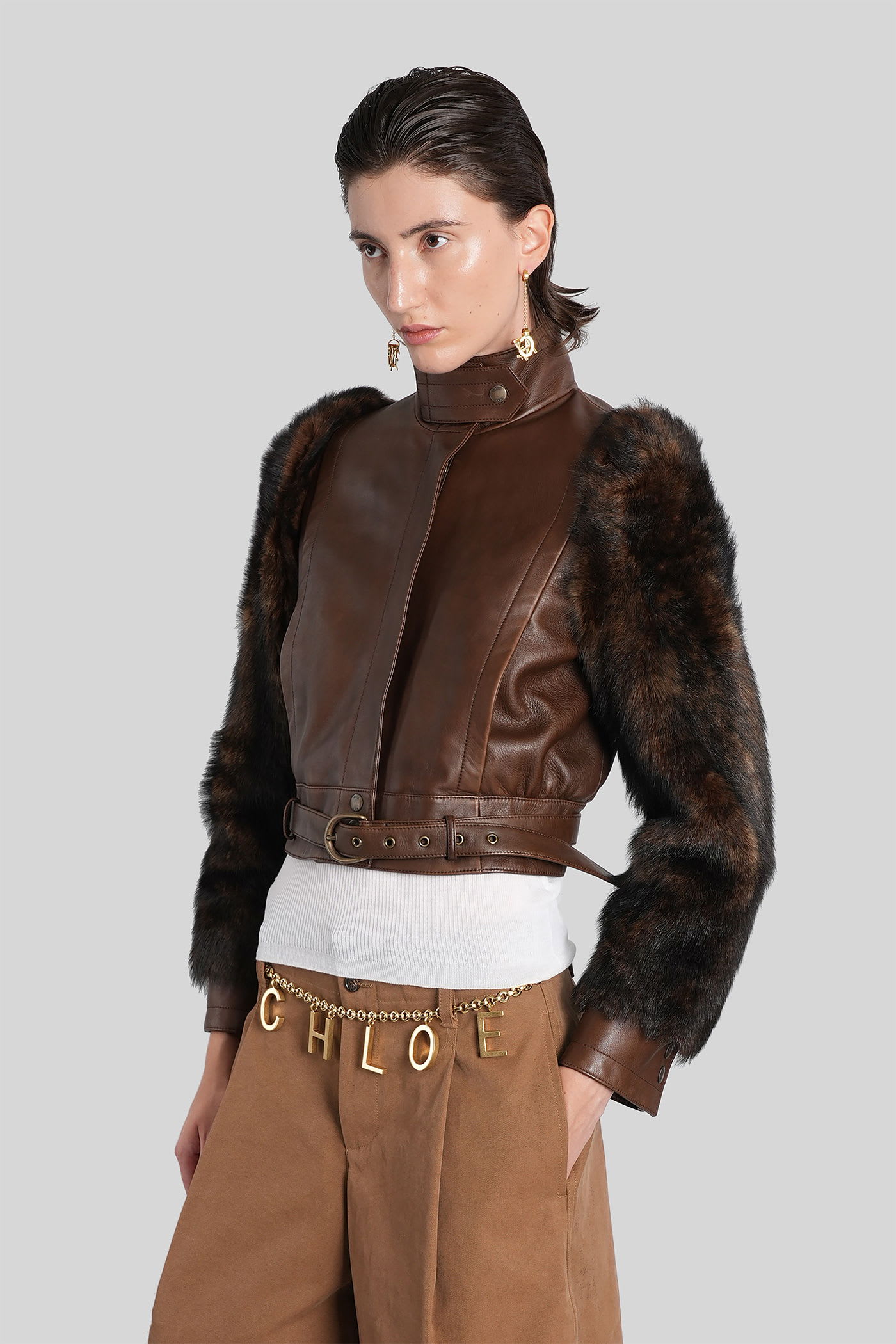 Chloé Leather Jacket With Belted Waist And Fur Sleeves In Brown