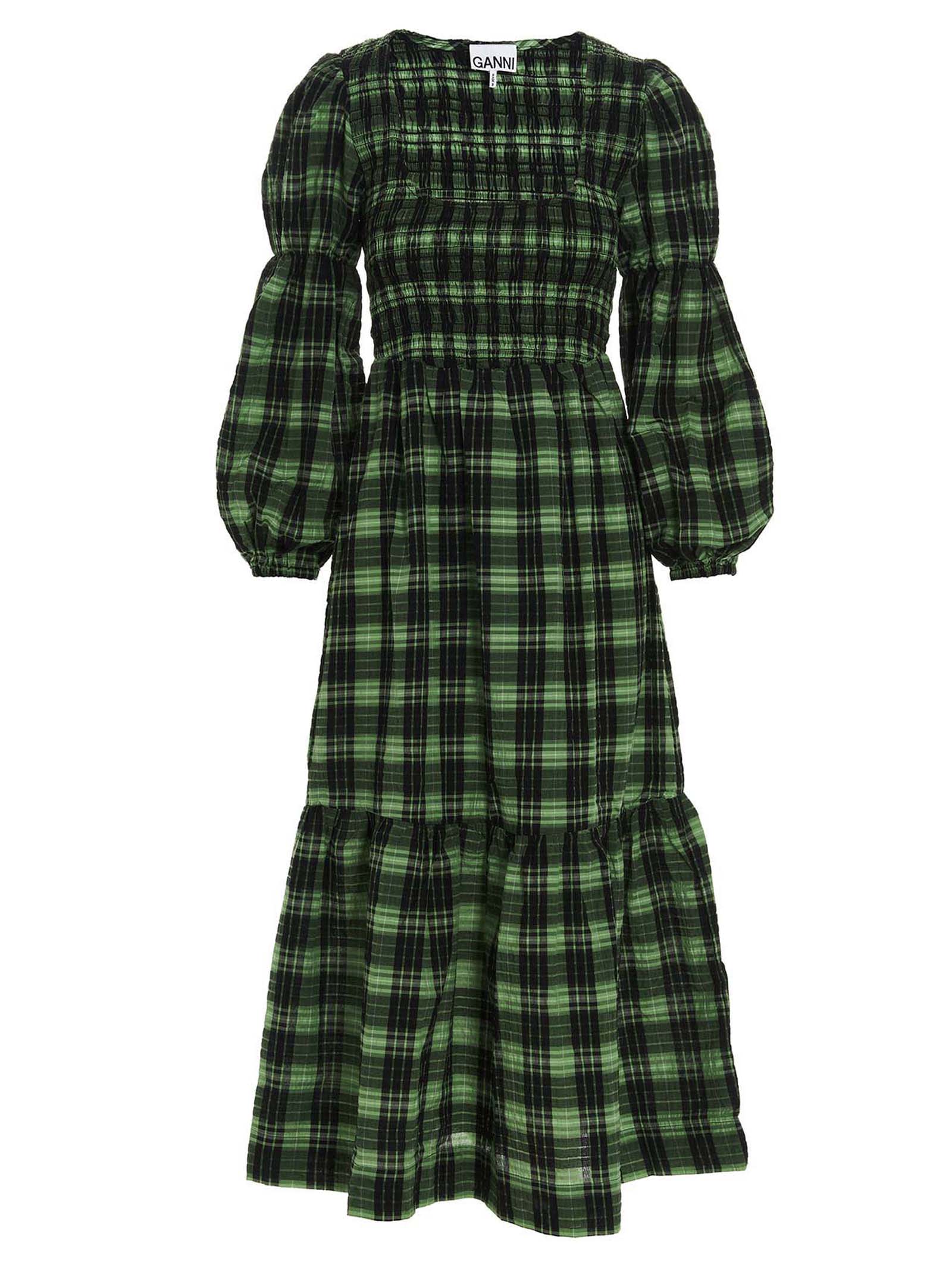 Ganni Seersucker Smocked Maxi Dress In Green
