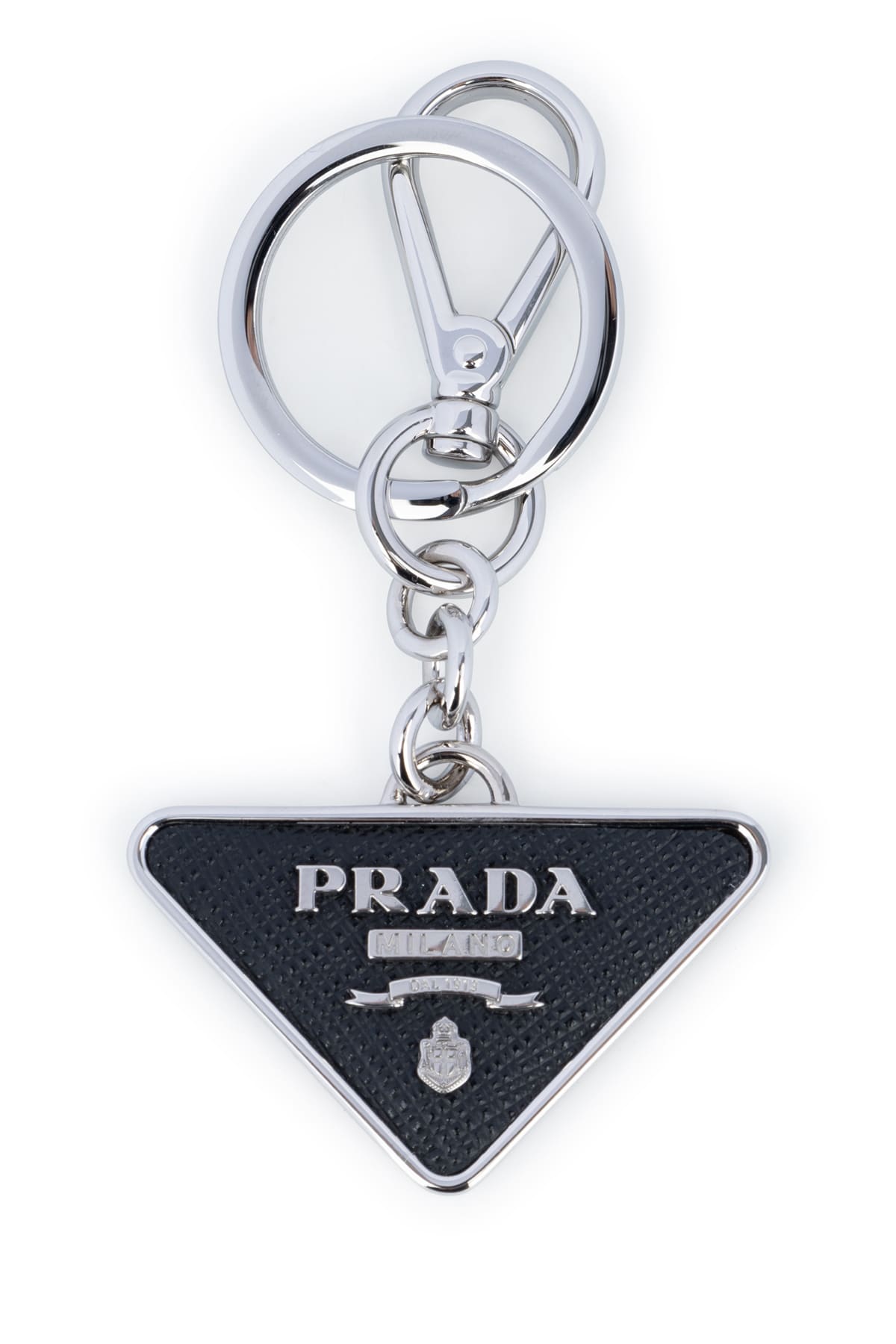 Prada Men Saffiano Leather And Metal Keychain