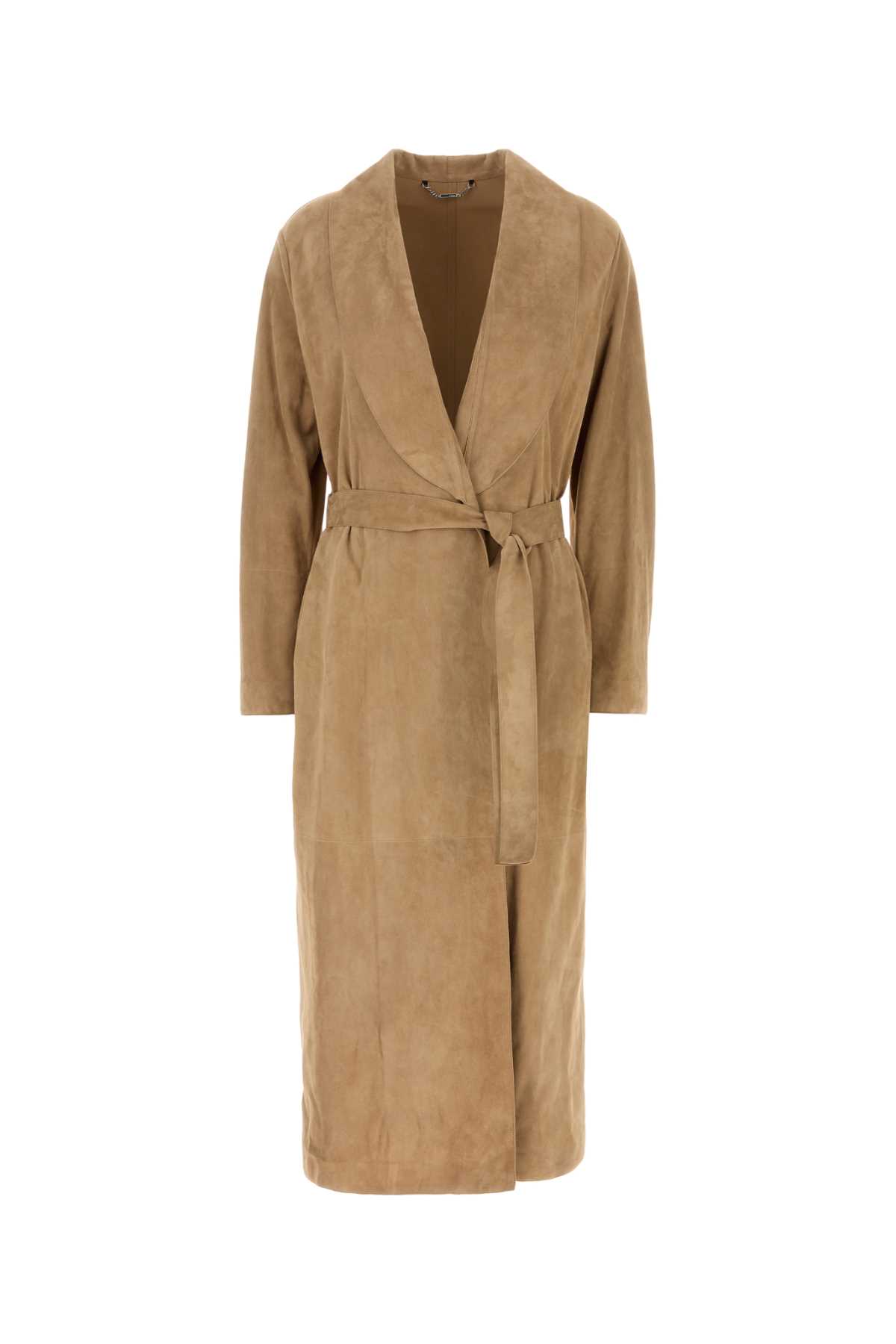 Fendi Suede Coat With Belted Waist And Lapel Collar In Brown