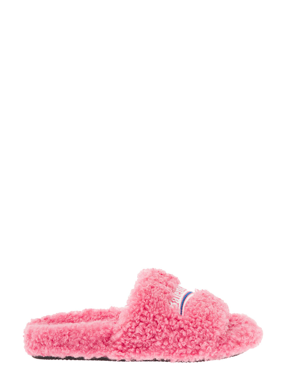 Pink Furry Slide Sandal In Fake Shearling With White And Blue Political Campaign Embroideries Balenciaga Woman