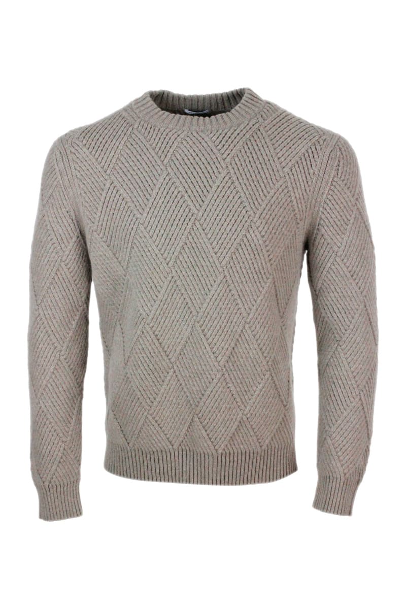 Malo Long Sleeve Round Neck Sweater In 100% Cashmere With English Rib Diamond Pattern