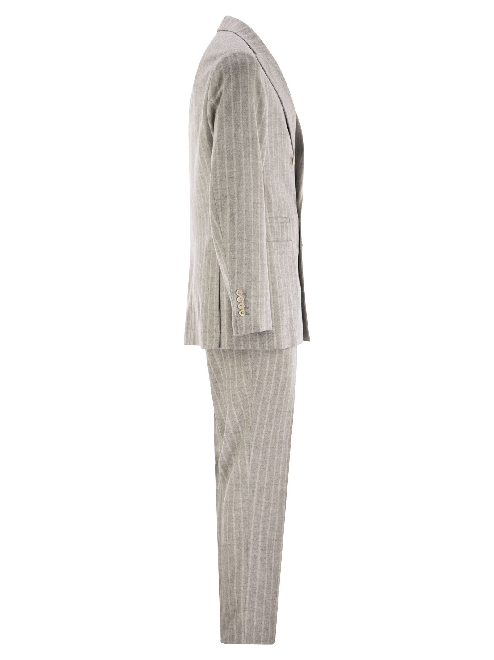 Shop Brunello Cucinelli Pinstripe Suit Of Alpaca And Comfort Wool In Light Grey