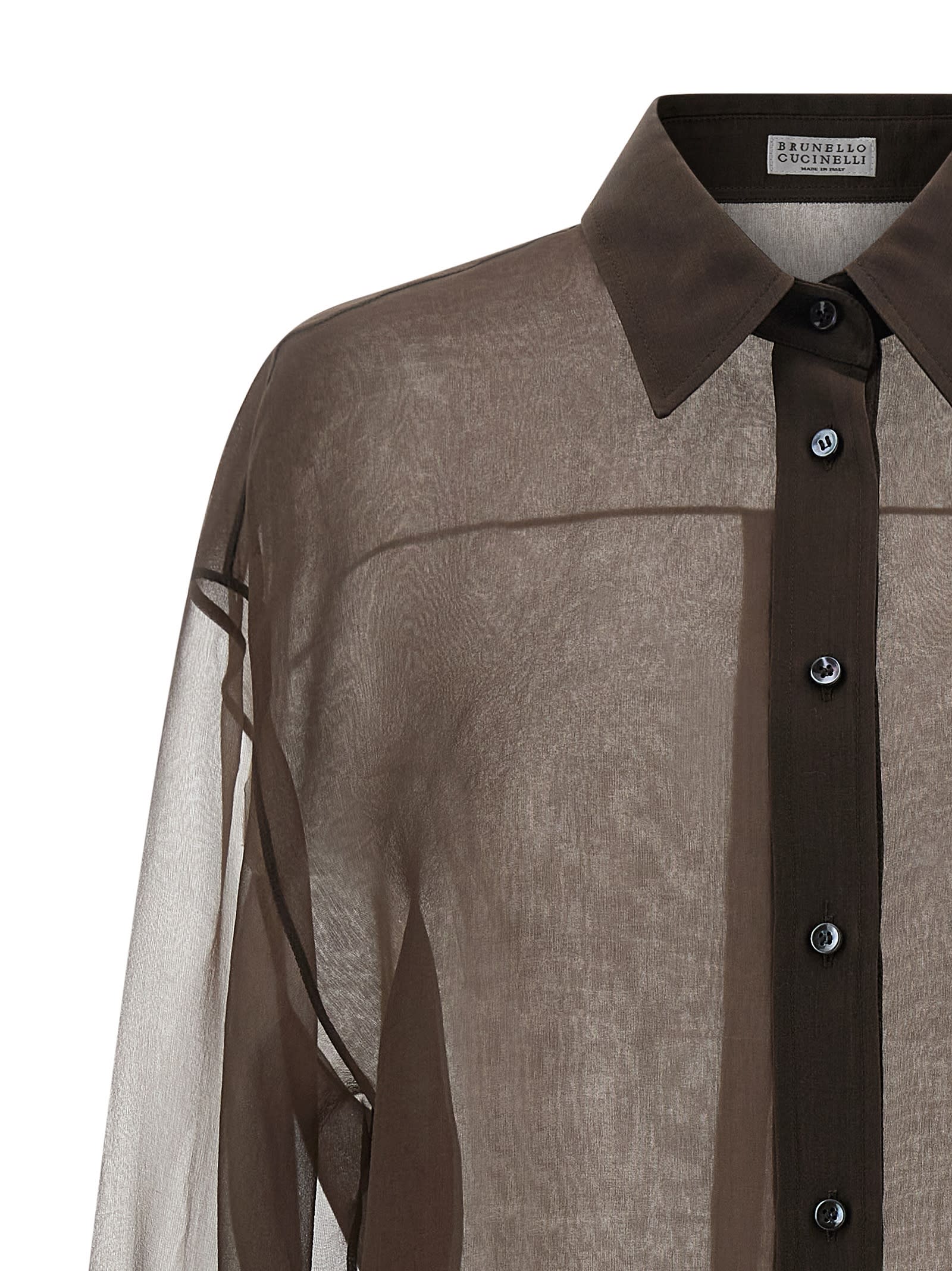 Brunello Cucinelli Sheer Long Sleeve Buttoned Cuff Shirt In Brown