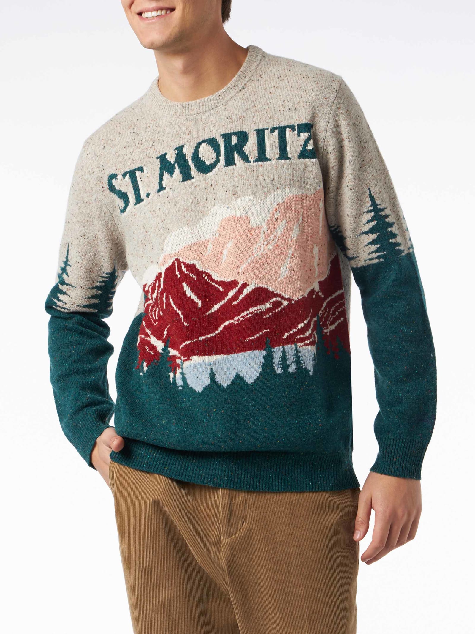 Mc2 Saint Barth Man Crewneck Donegal Sweater With St. Moritz Postcard Jacquard Print In Green