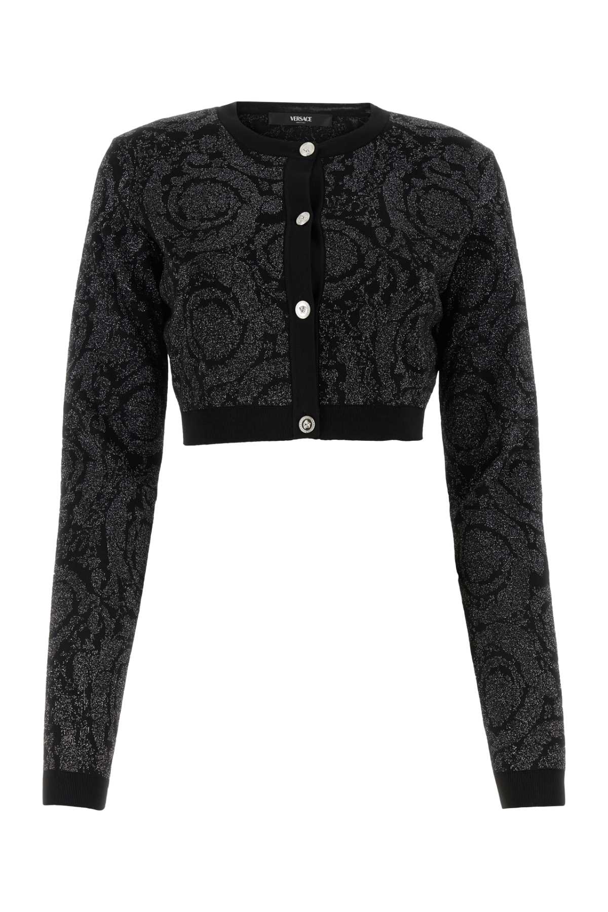 Versace Lurex Cropped Cardigan With Barocco Motif In Black