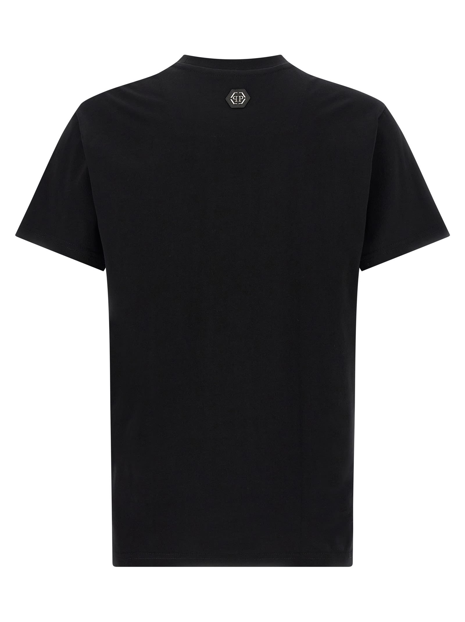 Philipp Plein Crew Neck Black T-shirt With Crystal Skull Design And Logo Patch In Black