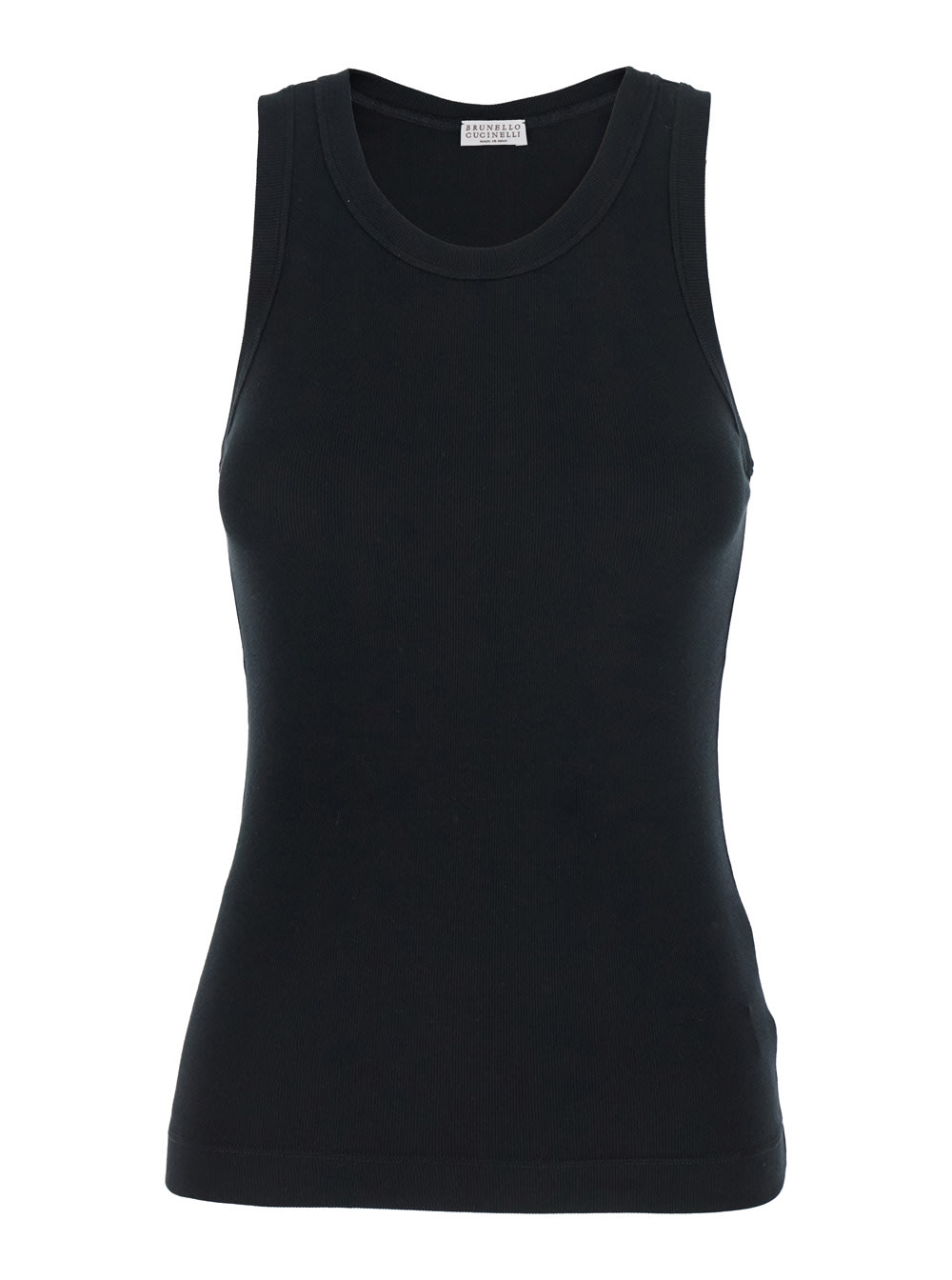 Brunello Cucinelli Black Sleeveless Top With Round Neck And Monil Detail On The Rear In Cotton Stretch Woman