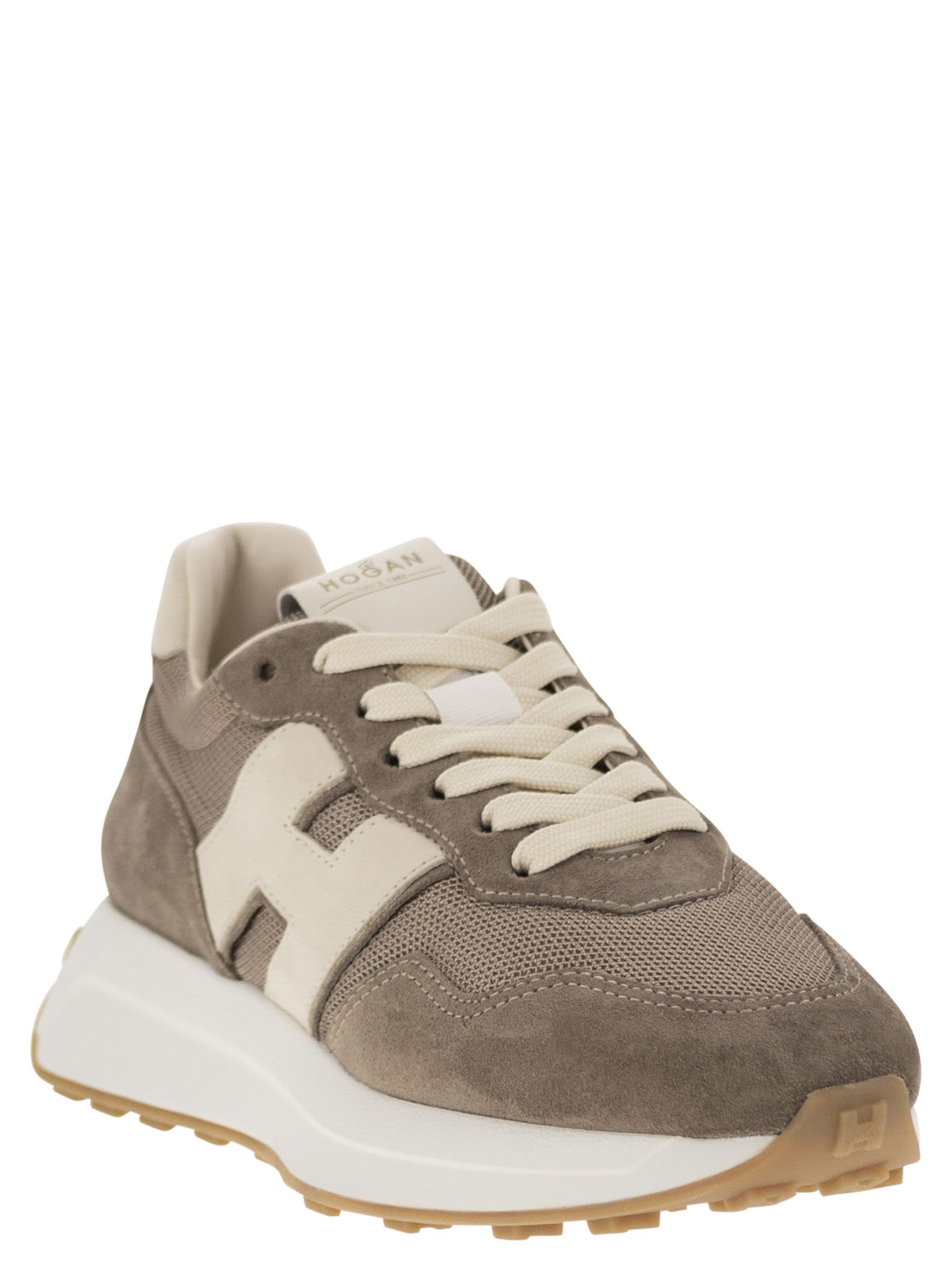 Shop Hogan H641 - Leather And Canvas Trainers In Tortora