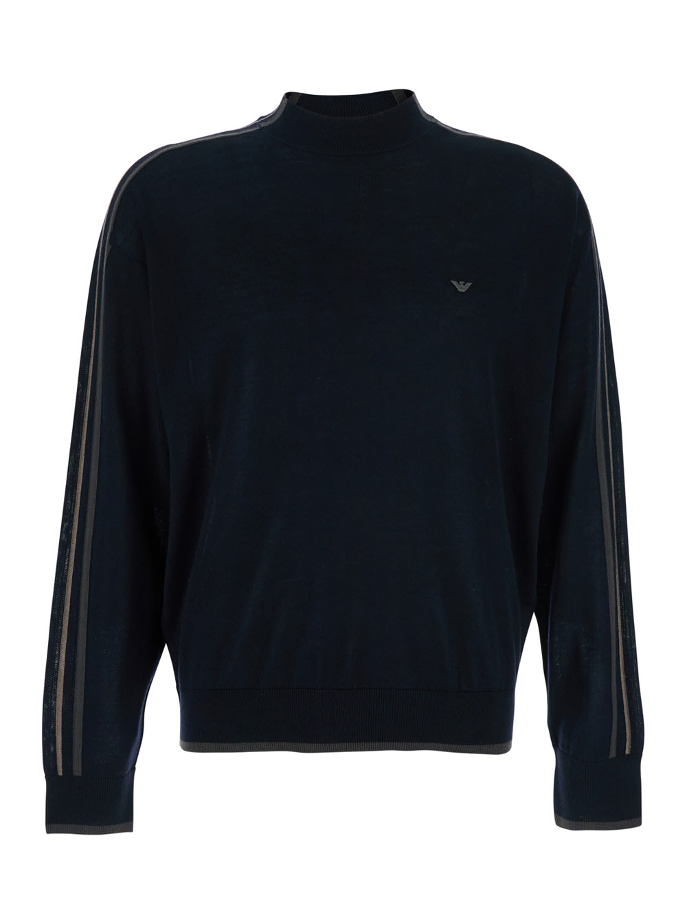 Emporio Armani Blue Crewneck Sweater With Stripe Detail On The Sleeve In Wool Man In Blue