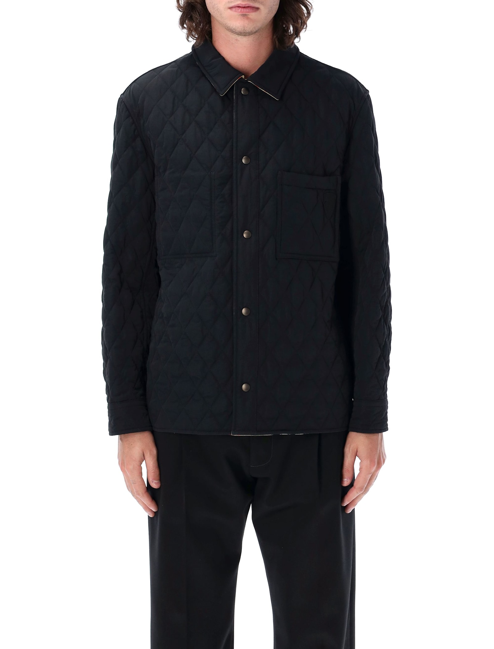 Shop Burberry Reversible Quilted Nylon Overshirt In Black/sand Ip Check