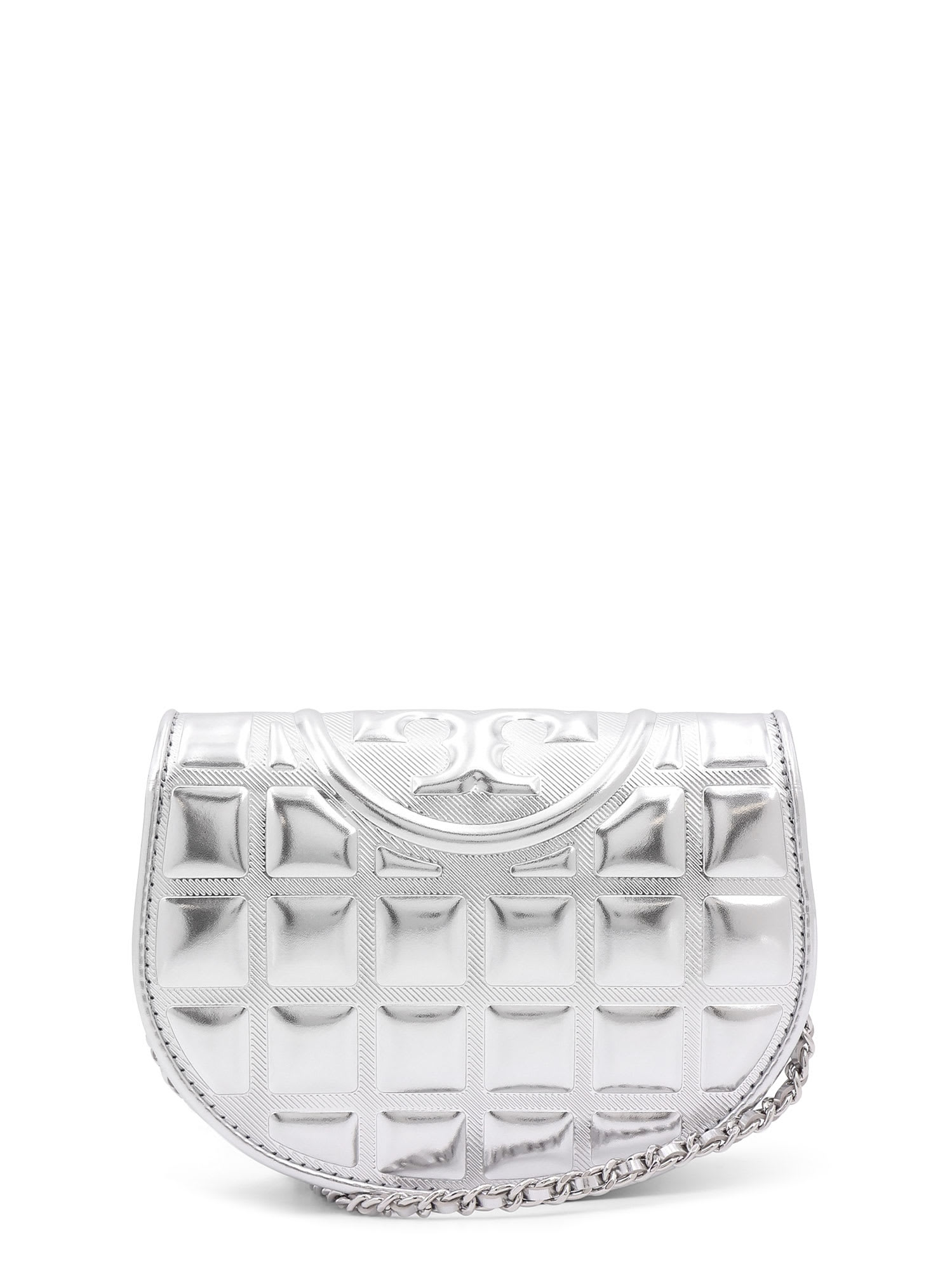 Tory Burch Fleming Metallic Square Quilt Wallet On Chain In Silver