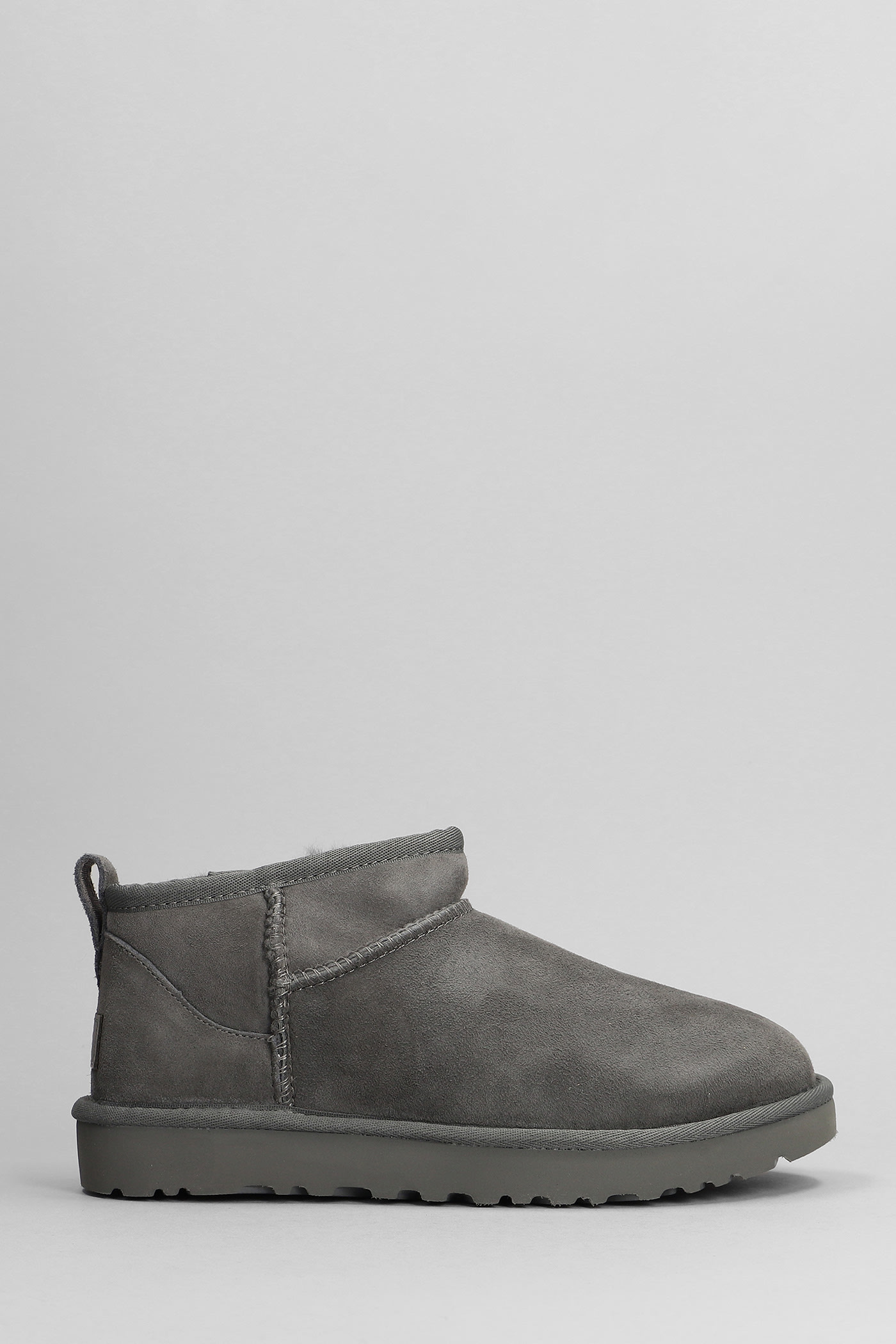 UGG CLASSIC ULTRA MINI LOW HEELS ANKLE BOOTS IN GREY SUEDE