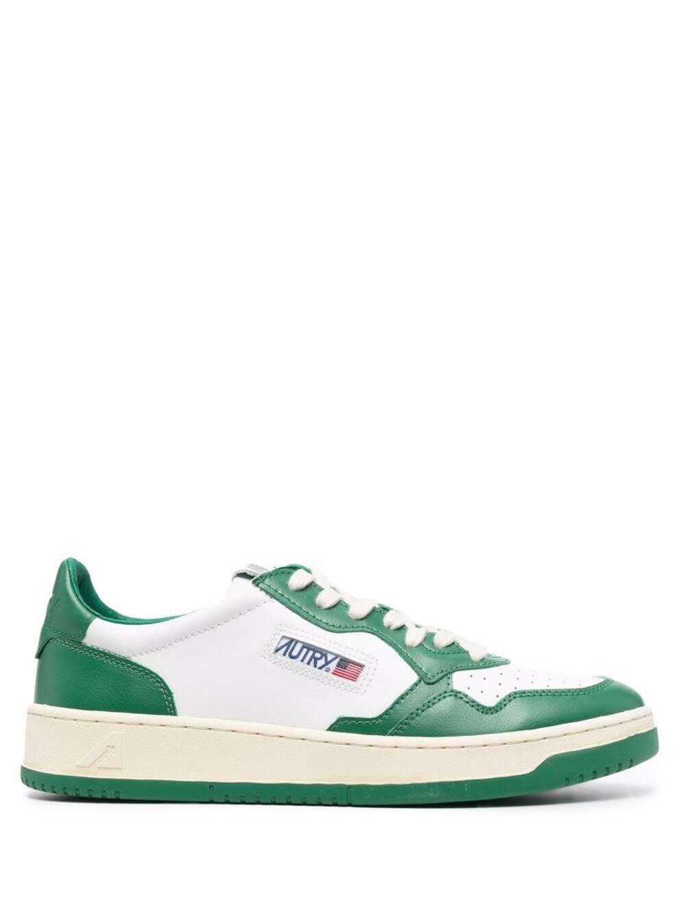 Autry White And Green Leather Sneakers With Logo