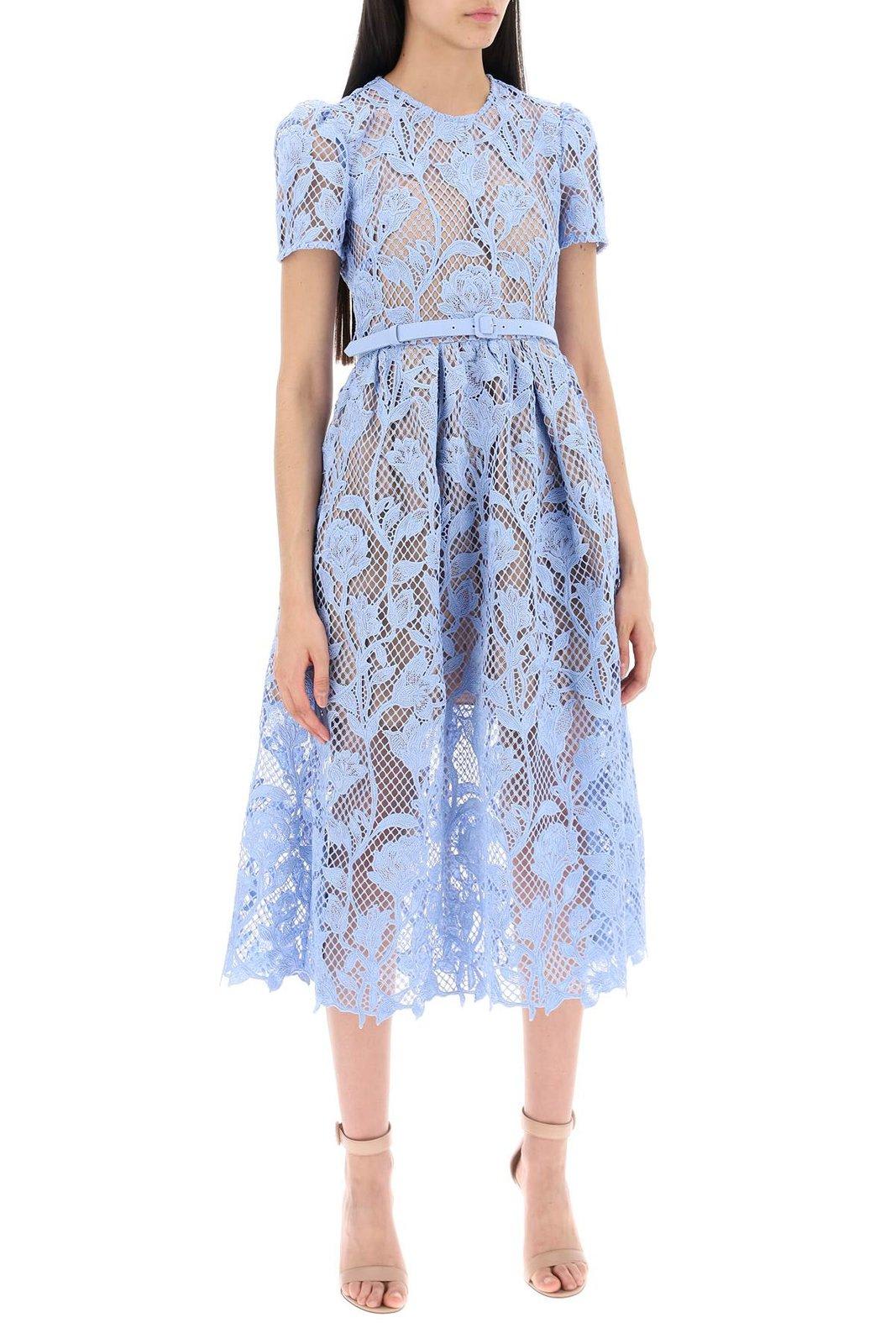 Shop Self-portrait Lace Detailed Short-sleeved Midi Dress In Blu